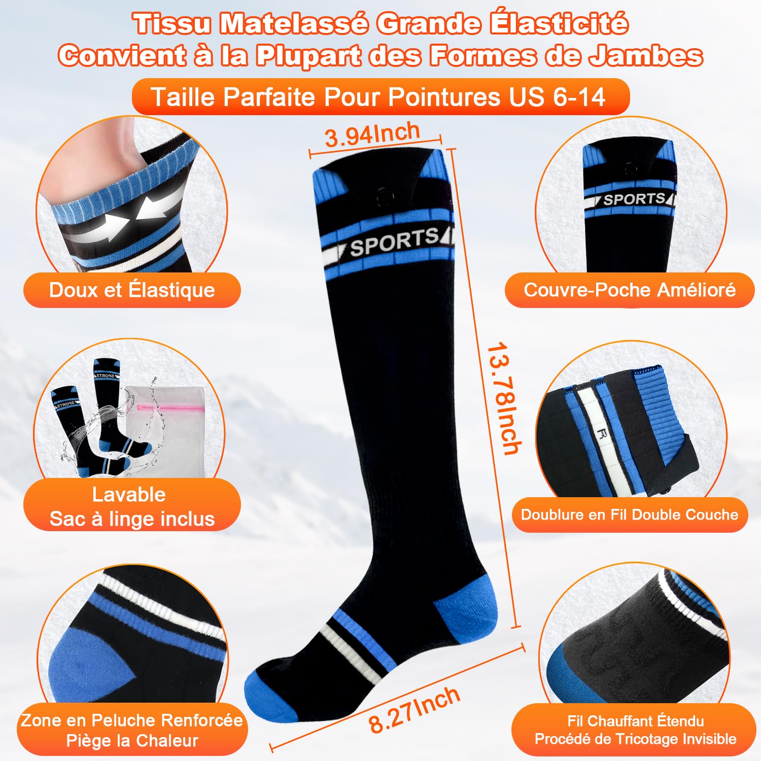 Chaussettes Chauffantes Rechargeables 8000mAh avec Télécommande APP, Chauffage 360° pour Ski Camping Cyclisme, Noir/Bleu