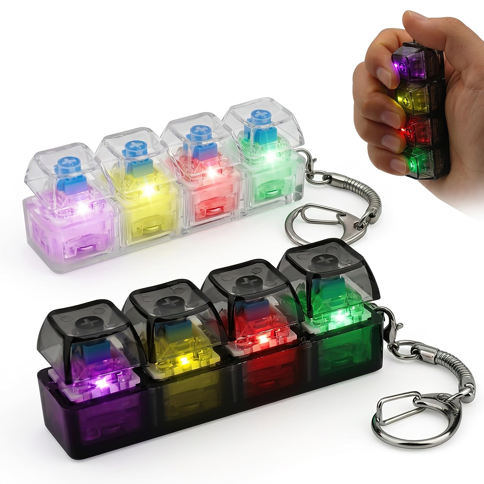 2 Pcs Keyboard Fidget Toy with LED Light, Keychain Clicker Stress Relief Toys for Adults, Portable Keychain Keyboard Clicker for Anxiety Relief, Desk Gadget, Cool Decompression Gifts