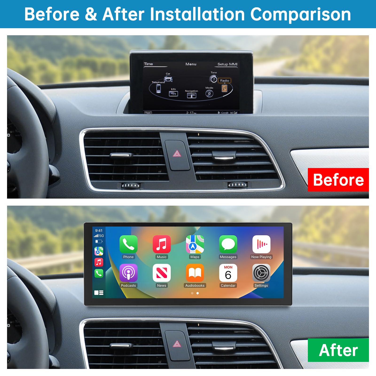 Radio samochodowe 10,25 cala z ekranem dotykowym, bezprzewodowym CarPlay i Android Auto do Audi Q3 z lat 2013-2018 z systemem 3G MMI/RMC, obsługuje MirrorLink, kamerę i nawigację