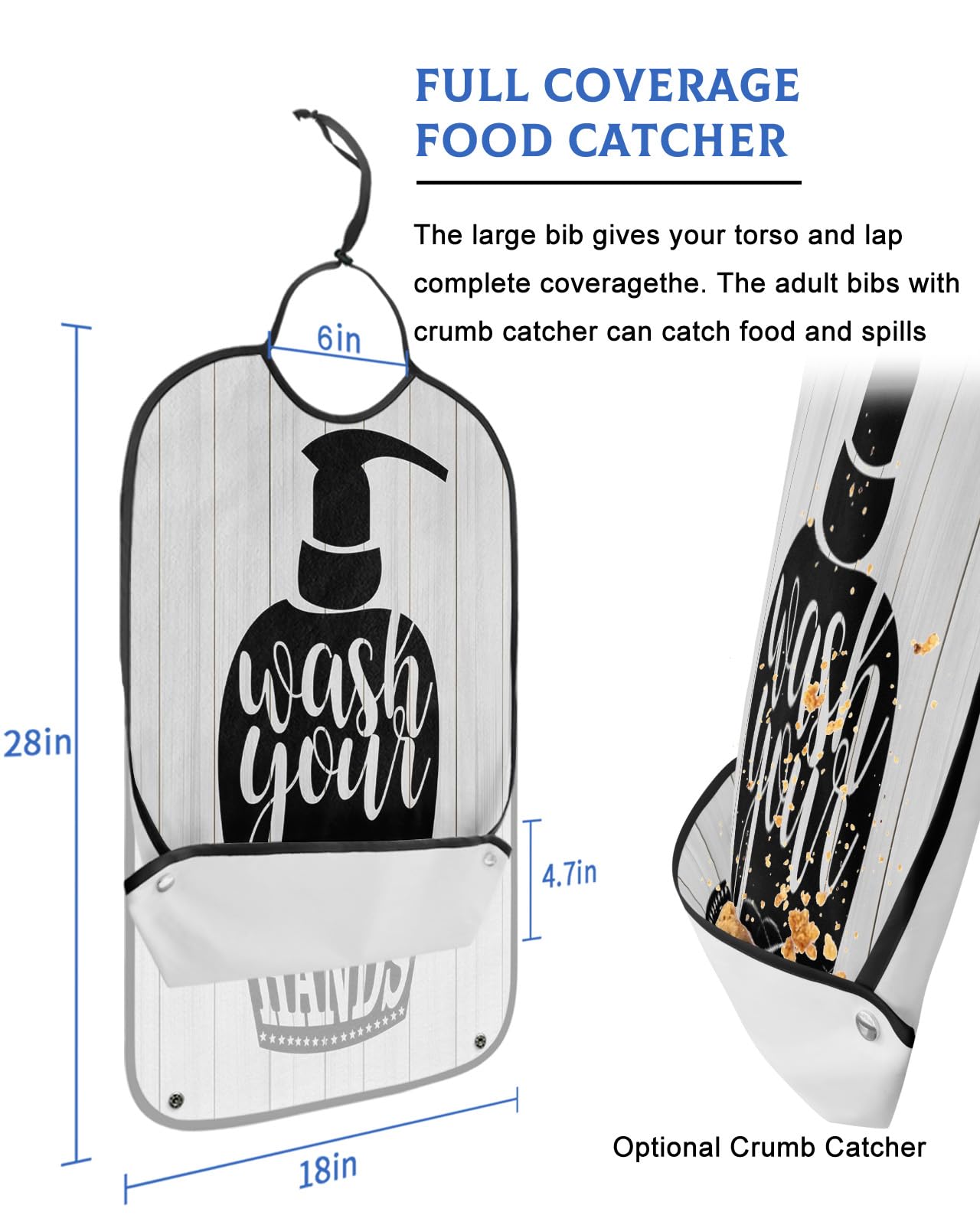 LEOKOTI Bathroom Bottle Adult Bibs for Eating, Waterproof Bibs with Food Catcher & Adjustable Snap Closure, Black Wash Your Hands Wood Washable Clothing Protectors Adult Bibs for Elderly Women/Men