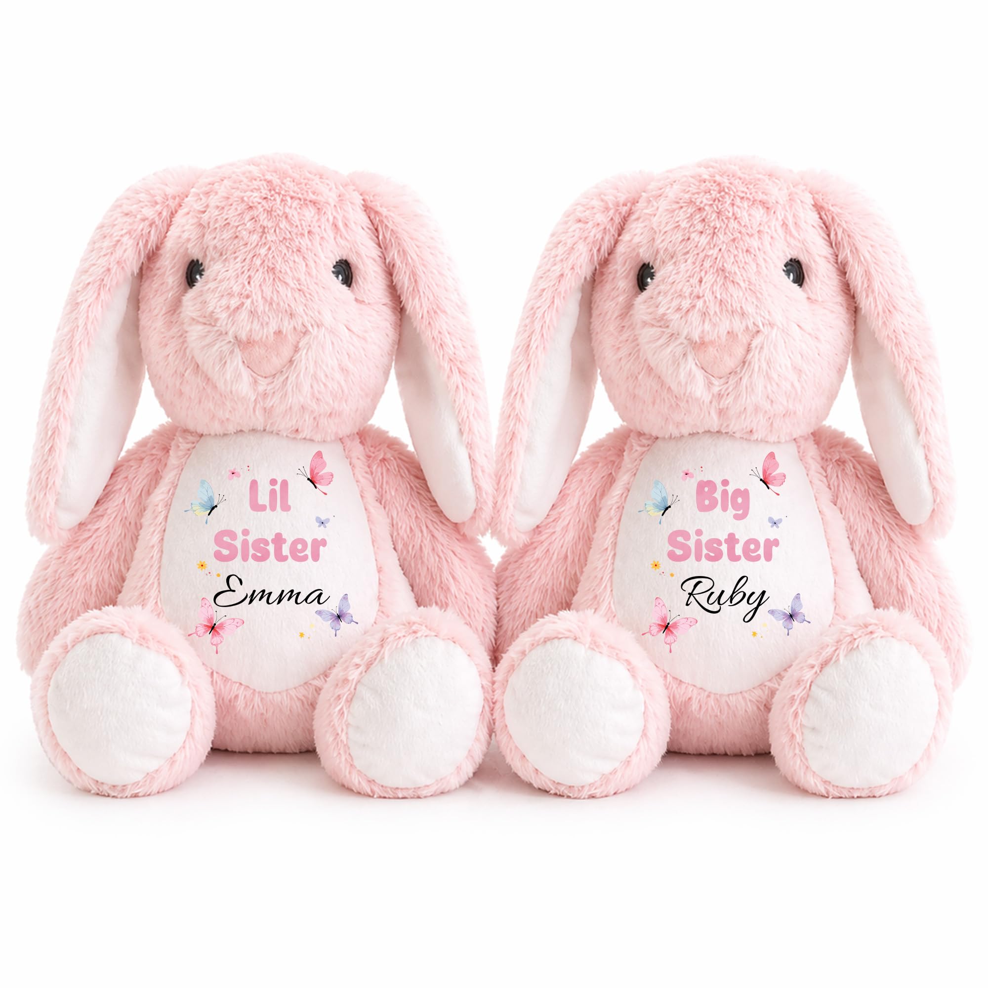 Personalised Sister Bunny Teddy, Custom Big Sister or Little Sister Rabbit Plush Toy, Name Baby Gift, Sibling Announcement Keepsake, Butterfly Design