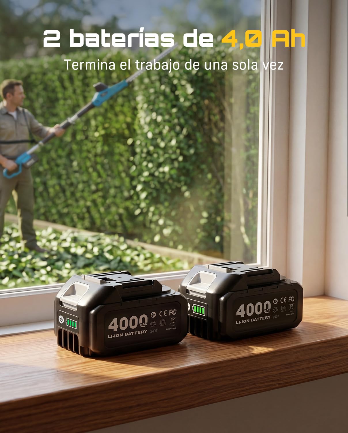SEESII Cortasetos Batería, Cortasetos Eléctrico con Pértiga Telescópica 2,4 M, Cuchilla Doble Acción 50 Cm, 2×4000 mAh Baterías, Cabezal Giratorio Ajustable, para Setos Y Arbustos