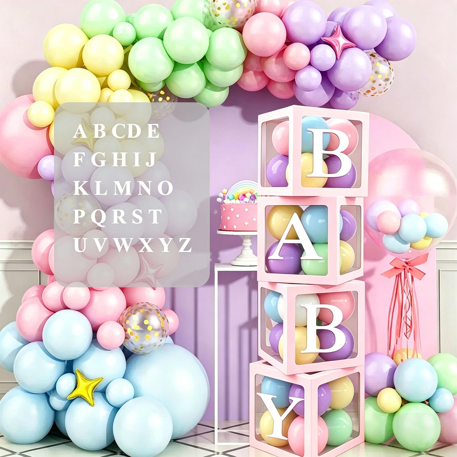 4PCS Baby Shower Decoration Balloon Boxes with 30 Letters (BABY+A-Z) (Pink)