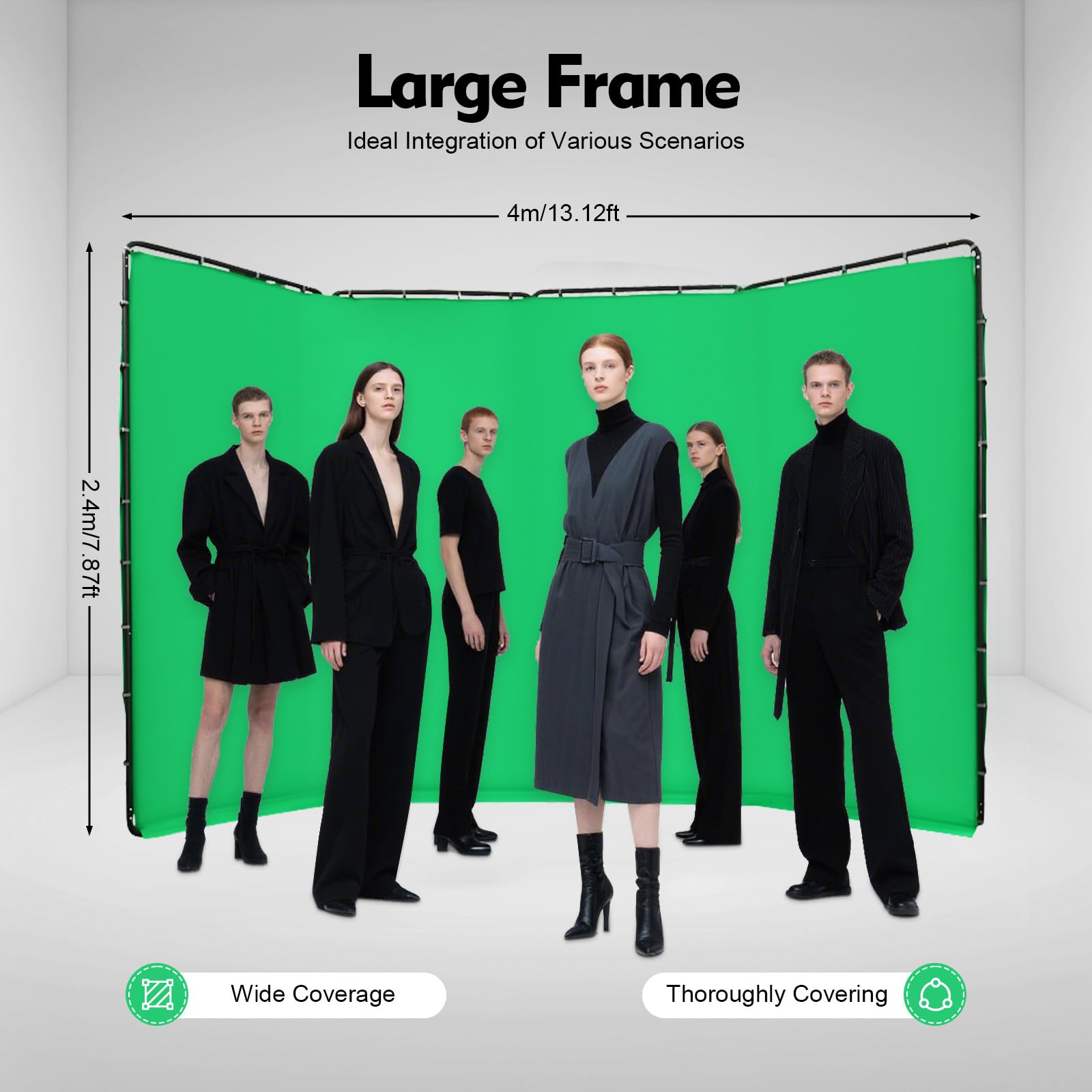 Sfondo pieghevole con tessuto verde, 4 x 2,4 m, set di sfondo per studio fotografico, Green Screen per Chroma Key, riprese video, streaming live streaming, custodia inclusa