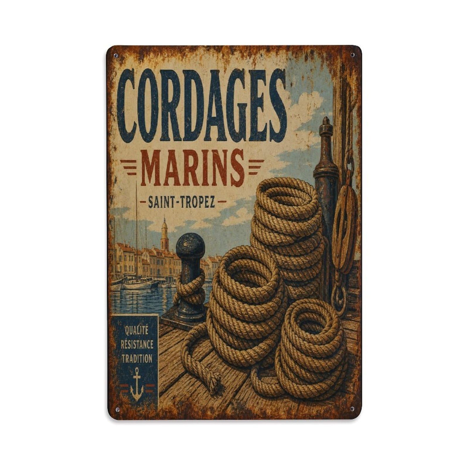 Fishing Village France Harbor Maritime Vintage Metal Tin Sign Plaque Wall Decor for Cafe, Man Cave, Club Bar, Office, Home Garden Round Metal Poster 8x12Inch