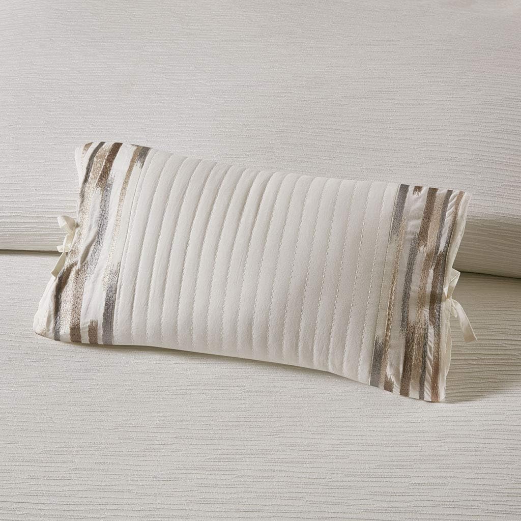 Cream Embroidered Cotton Lumbar Pillow with Bow Ties