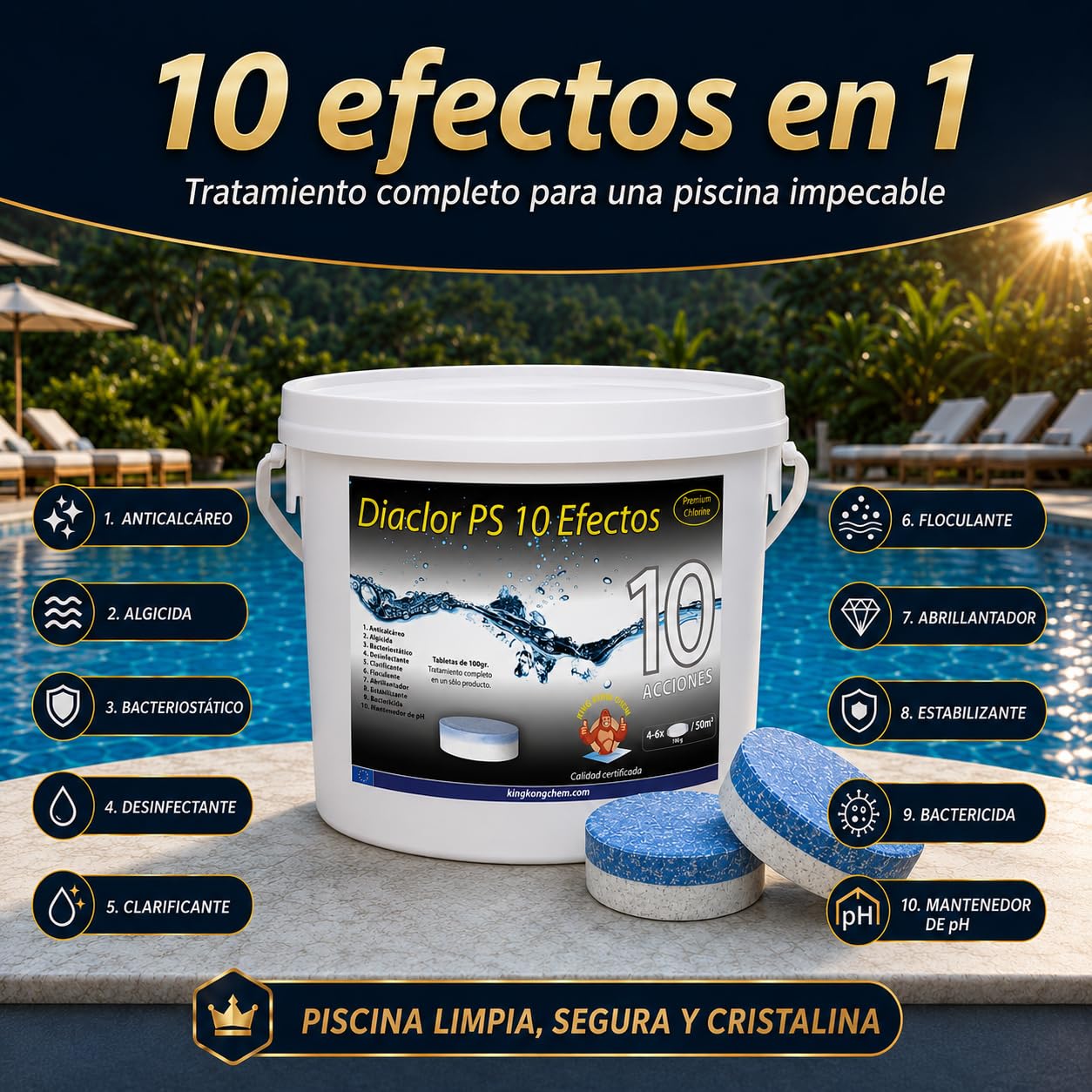 Cloro Total para Piscinas DIACLOR PS 10 Efectos 3 KG - 30 Pastillas de Cloro Multiacción (100 gr) - Tratamiento Completo Profesional 10 Acciones -