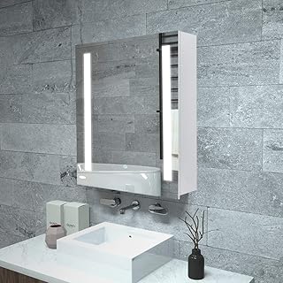 Janboe Led Wall Cabinet with Shaver Socket Single Door White Bathroom Cabinets Wall Mounted Bathroom Furniture for Small B...