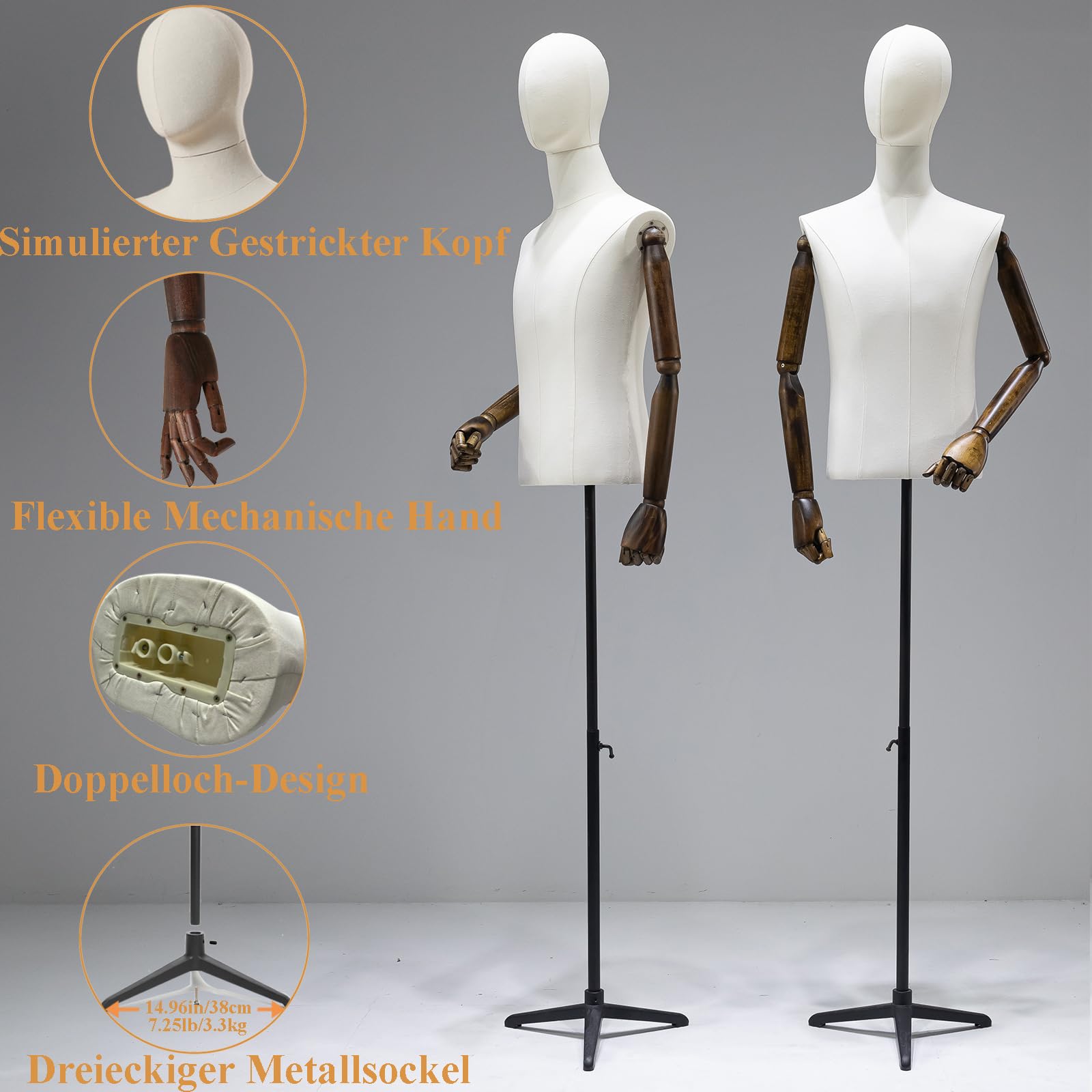 Paspop, herenbuste, paspop, 134,62-193,04 cm, in hoogte verstelbaar, mannequin met flexibel hoofd, armen en vingers