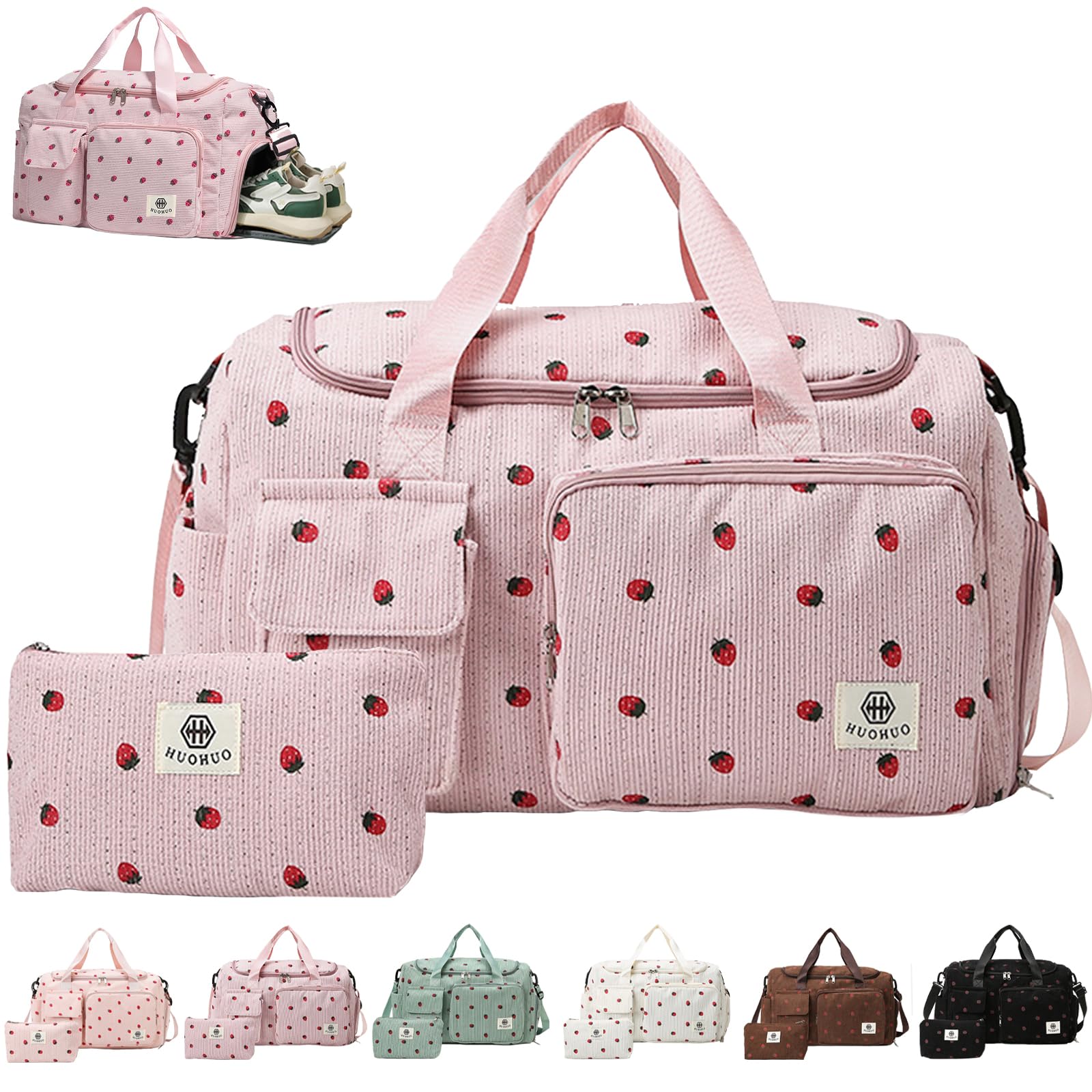 AUNGKWANG Corduroy Strawberry Travel Duffel Bag Set, Dance Bags for Girls with Little Strawberry Wallet, Sports Bags Women Foldable Gym Sports Bag