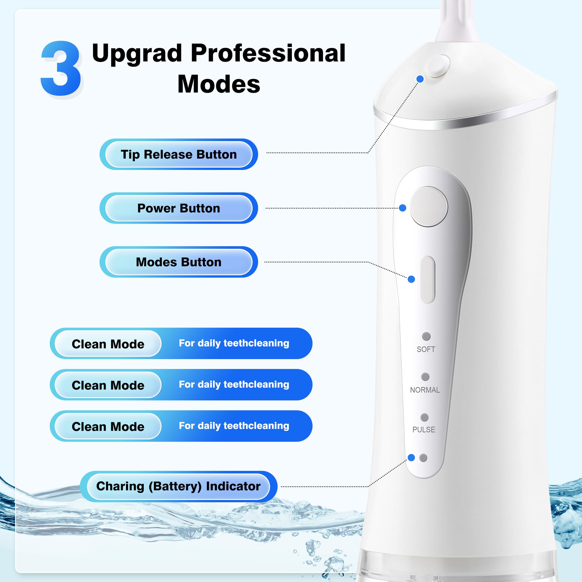 Irrigador bucal inalámbrico de 3 modos para una limpieza eficaz de los dientes, portátil e impermeable IPX7, elige tu color (negro, blanco, rosa)