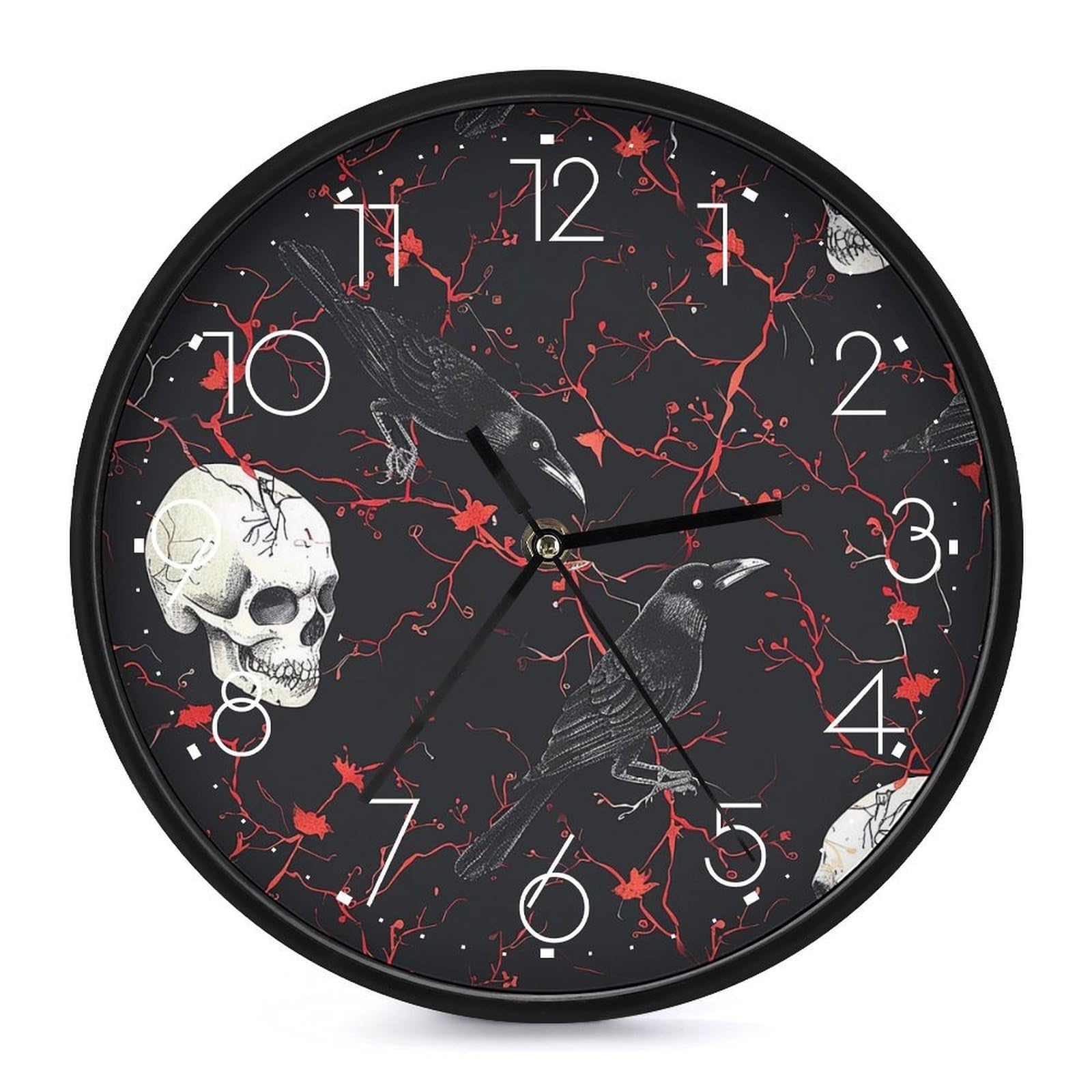 XOPEKVLAWM Wall Clock 10 Inch Non-Ticking Silent Modern Simple Style Round Decor Clocks Skull And Vines Clock Decorative Battery Operated Wall Clocks for Home Office Living Room Bedroom Kitchen
