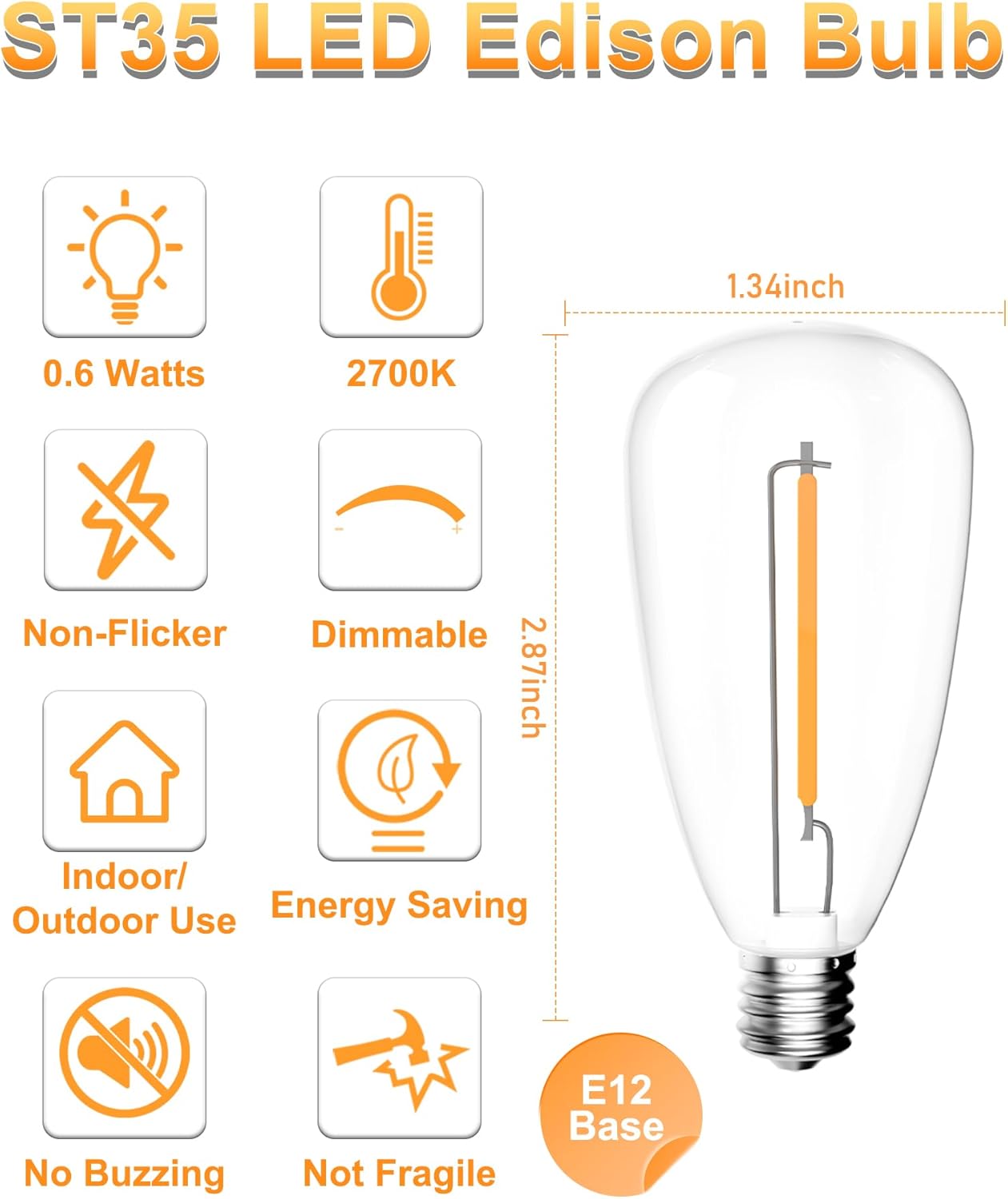25Pack ST35 LED String Light Bulbs Replacement, 0.6W E12 LED Edison Light Bulb for Outdoor String Light (E12 / C7 Screw Base Sockets), Warm White 2700K, Dimmable