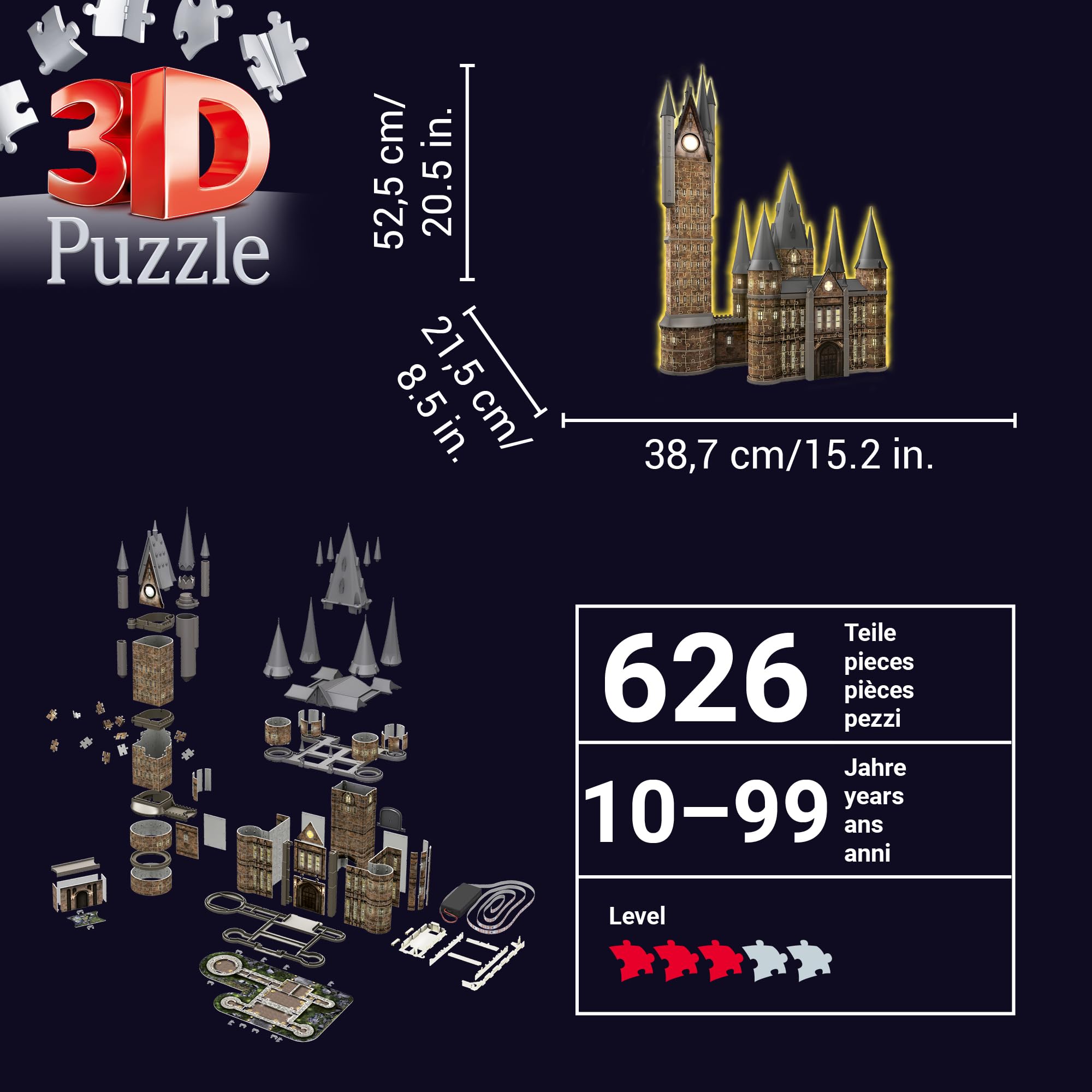 Ravensburger 3D Puzzle 11551 - Harry Potter Hogwarts Schloss - Astronomieturm - Night Edition - der beleuchtete Astronomy Tower des Hogwarts Castle für alle Harry Potter Fans ab 10 Jahren