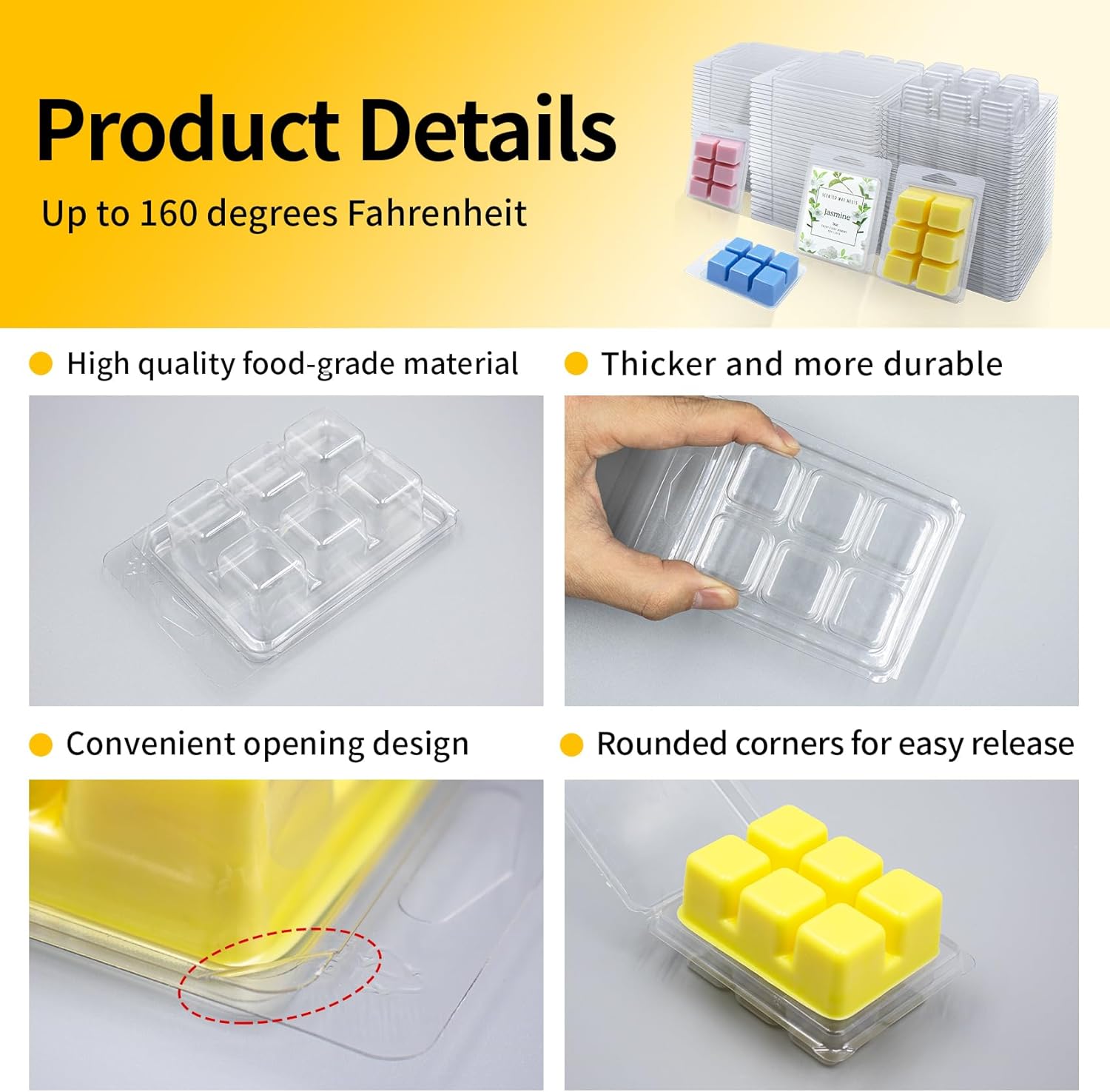 MGLIFEUL Wax Melt Container Clamshell Packaging Mold Box Stand for Plastic Clear Empty Wax Candle Melt Tart Packaging Cube Container Clamshell Mold Holder Organizer Tray Empty Shape Bulk wth Lid