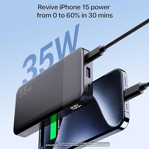 Miniatura 2 de NOBIS Cargador portátil, cargador de batería de 10000 mAh de carga rápida, paquete de baterías con cable C a C, banco de baterías con pantalla
