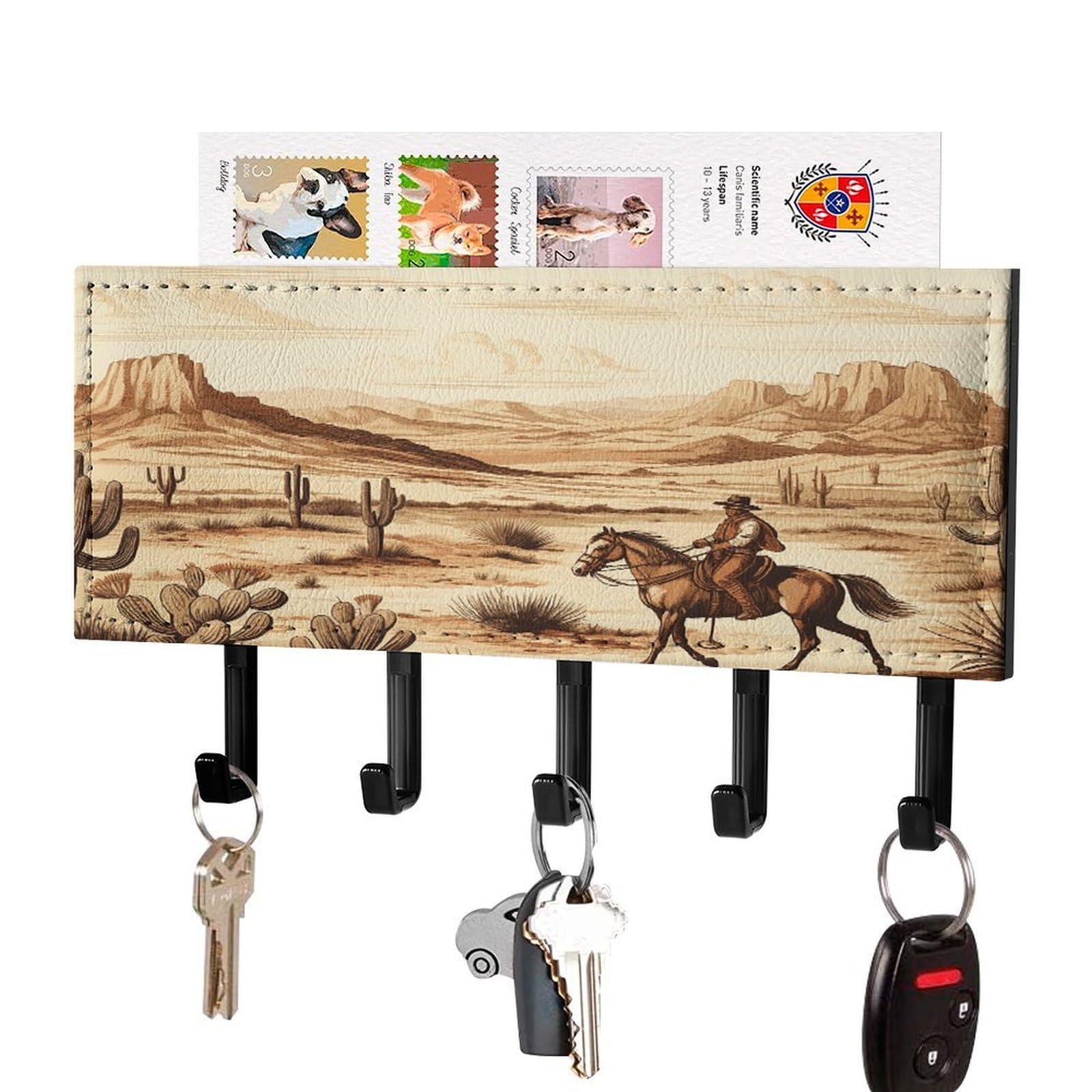 Vstadank Black-Style West Desert Cactus With Cowboys Riding Horses Key Holder For Wall Decorative Mail Organizer Wall Mount With 5 Hooks Easy Installation Key Rack Pu Adhesive Keys Rack For Entryway Door Bathroom Kitchen