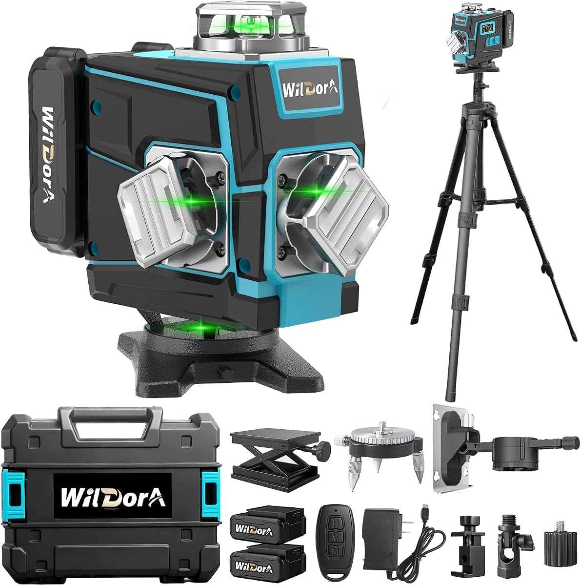 4x360°Green 16 Line Laser Level,±4° Auto Self Leveling,2x4800mAh 48H Runtime Batteries, Long-Range Remote, Laser Leveler Kit with Tripod & Hard Case for Construction, DIY & Renovation