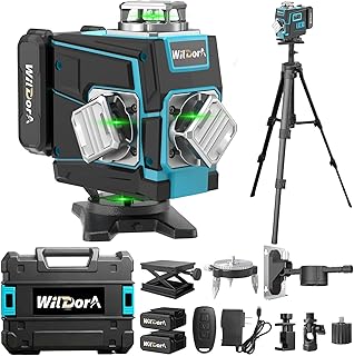 Laser Level with Tripod, 4x360° Self Leveling ±4° Laser Level, Remote Control 4D Green 16 Line Laser Leveler Tool for Woodworking&Renovation, with 2x4800mAh Li-ion Batteries&Hard Carry Case