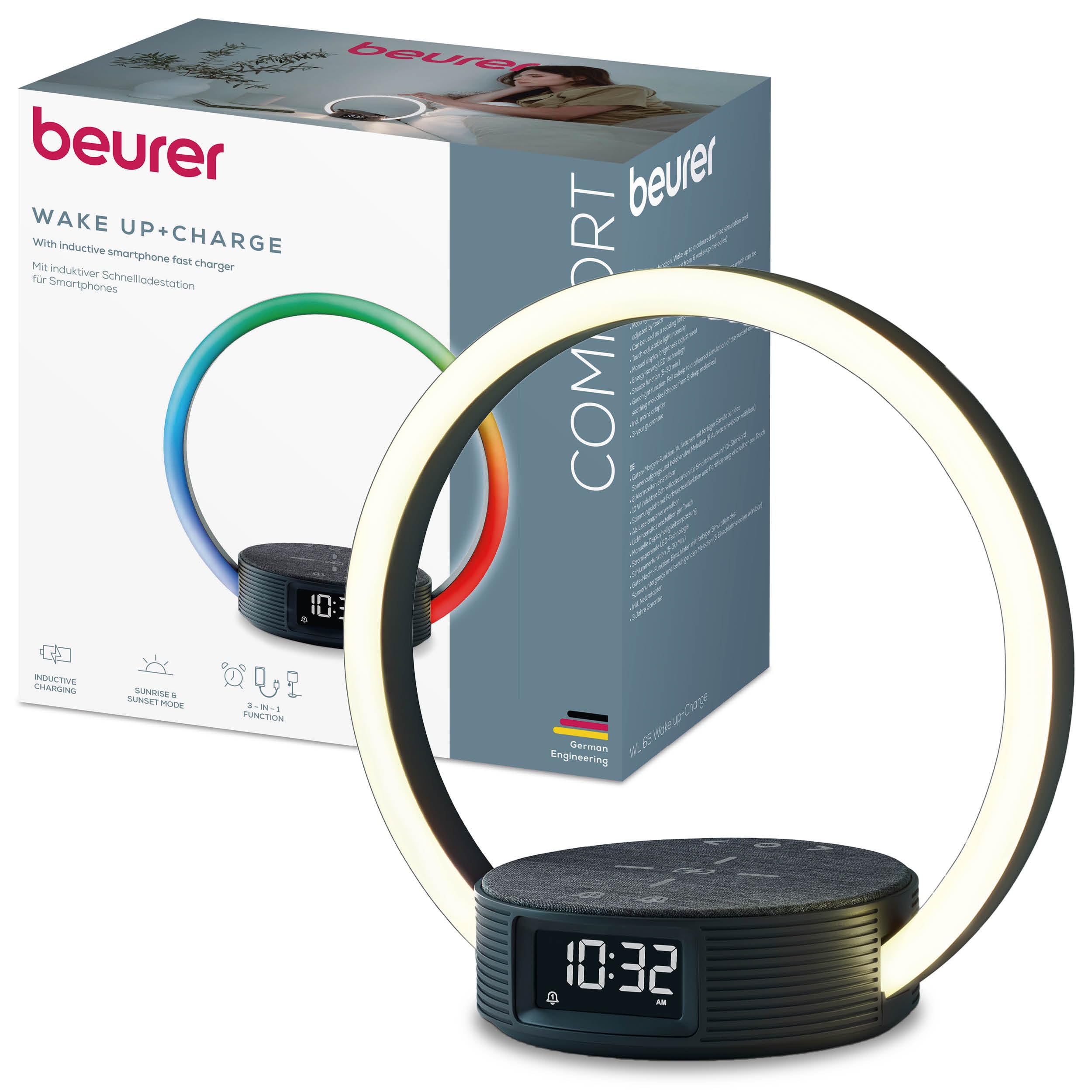 Beurer WL 65 Wake Up + Charge Budzik świetlny, lampka nocna z funkcją ładowania smartfonów, budzik z symulacją wschodu słońca dla łagodnego budzenia, ściemniana lampka nocna z opcją zmiany koloru