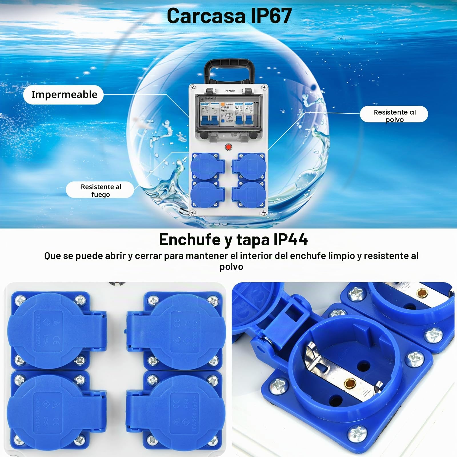 Caja eléctrica de construcción 230 V – Caja divisor de pared IP67 – Distribuidor corriente 16 A con interruptor divisor