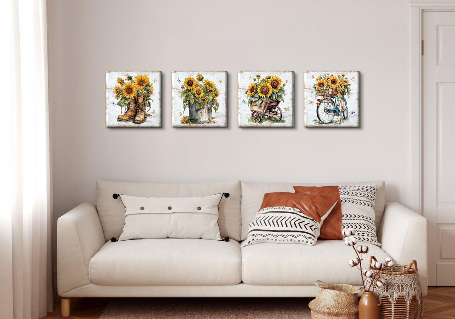 Sunflower Wall Art Rustic Farmhouse Bicycle Boots Truck Sunflower Picture Cowboy Wall Decor Vintage Country Wildflower Canvas Prints Painting Artwork Bedroom Living Room Kitchen Decoration 12x12" 4Pcs