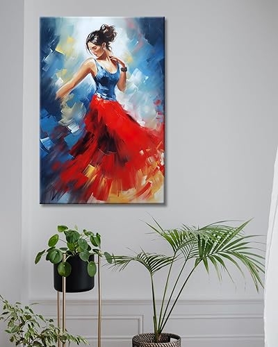 Miniatura 3 de GLOKAKA Arte abstracto de la pared de niña bailarina contemporánea con falda roja con parte superior azul y falda roja, obra de arte para decoración