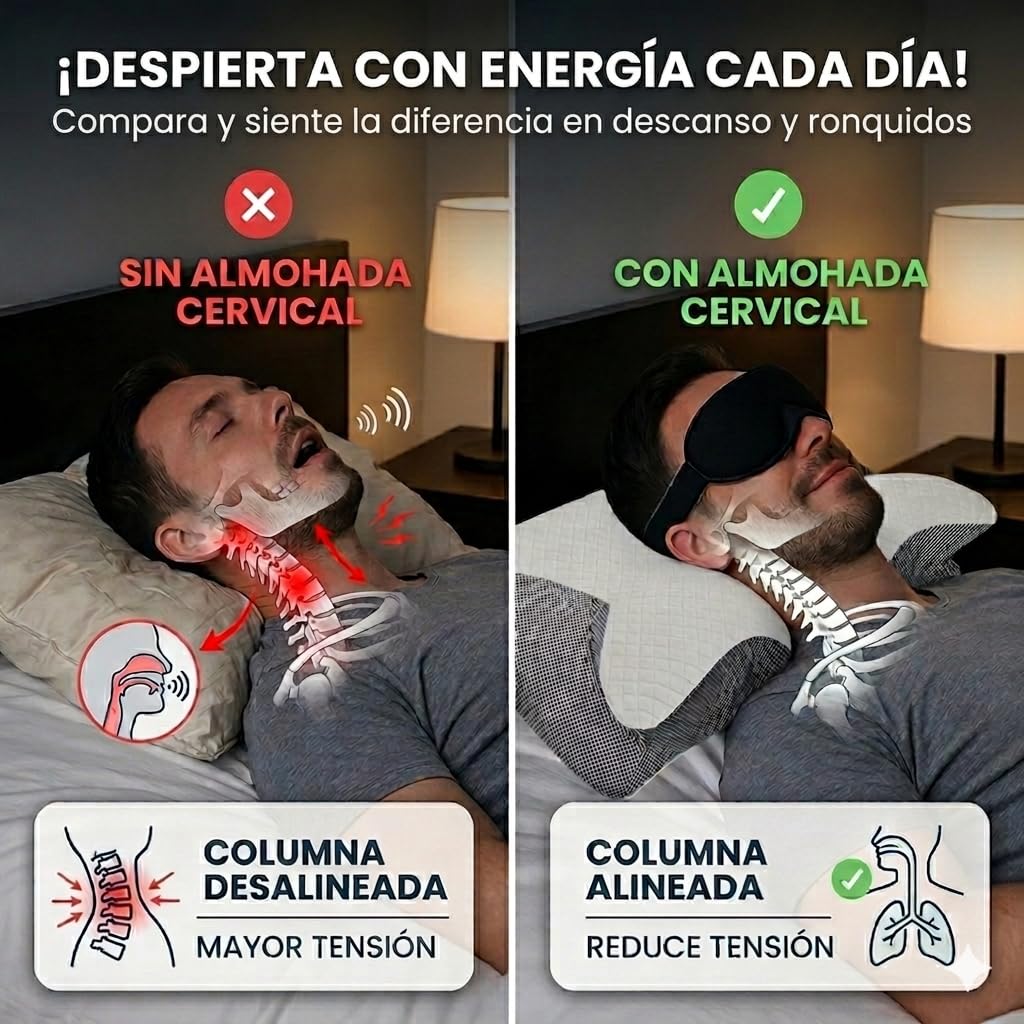 Almohada Cervicales y Cuello - Adiós al Dolor, Mejora tu Descanso + Antifaz | Almohada cervical, ergonómica, antironquido; postura ideal que favorece el descanso y reduce ronquidos.