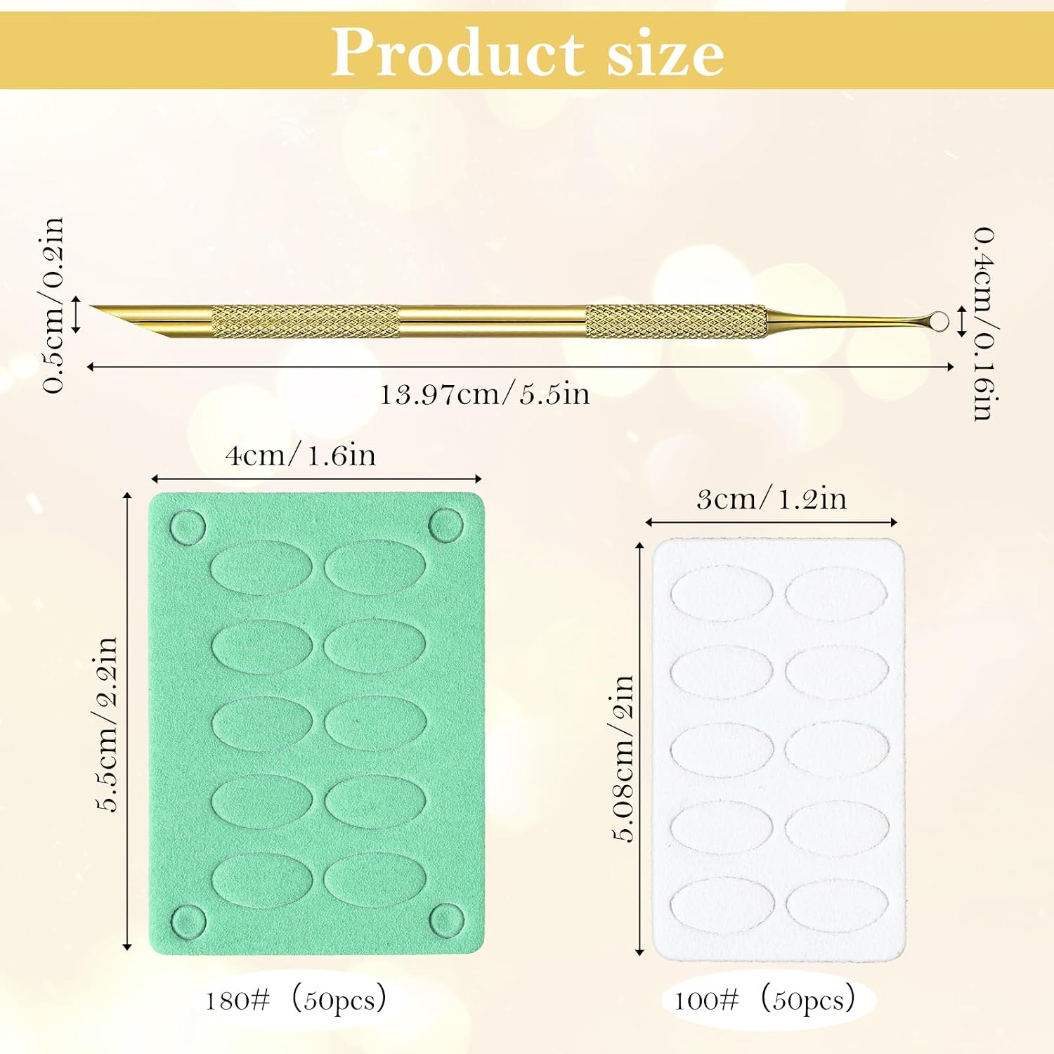 Pre-treatment Cuticle Pusher with 2 Ends, Russian Prep Nail Pushers | Cuticle Remover with Sandpaper Sheets, Nail Care for Manicure Pedicure Nails Art, Gold