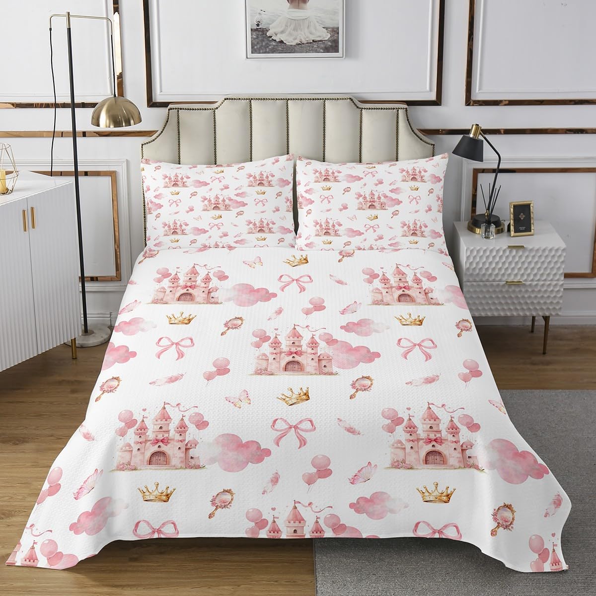 Feelyou Kids Pink Castle Quilted Coverlet Twin Size, Cute Bowknot Coverlet Set Boys Girls Girls Dreamy House Bedspread Fairytale Teens Bedroom Decor 2Pcs