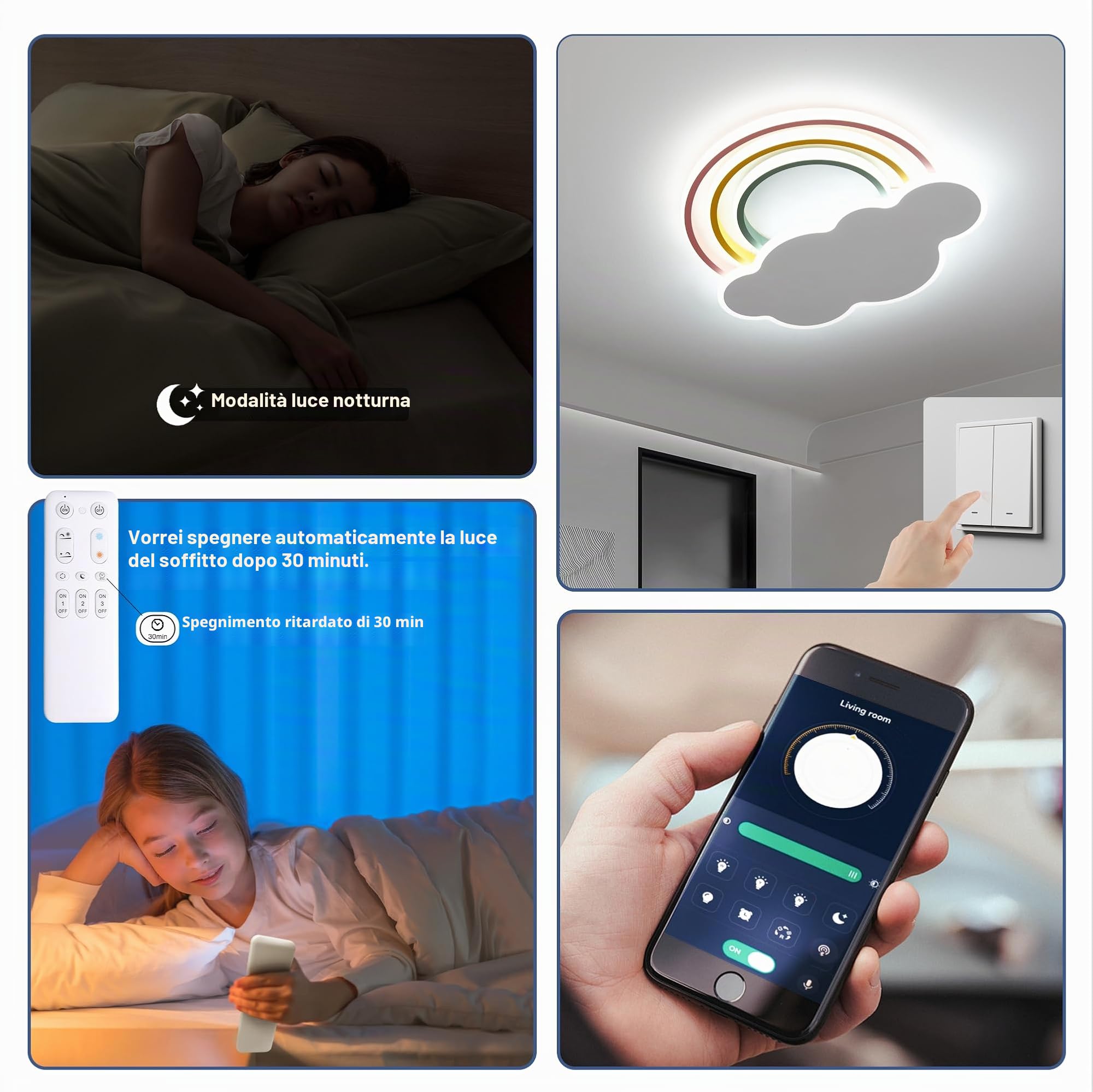 Lampada da soffitto LED per bambini, design a nuvola, 40 W, 3400 lm, dimmerabile, con telecomando e interruttore a parete, temperatura del colore 3000 K-6500 K, luce notturna, timer, per