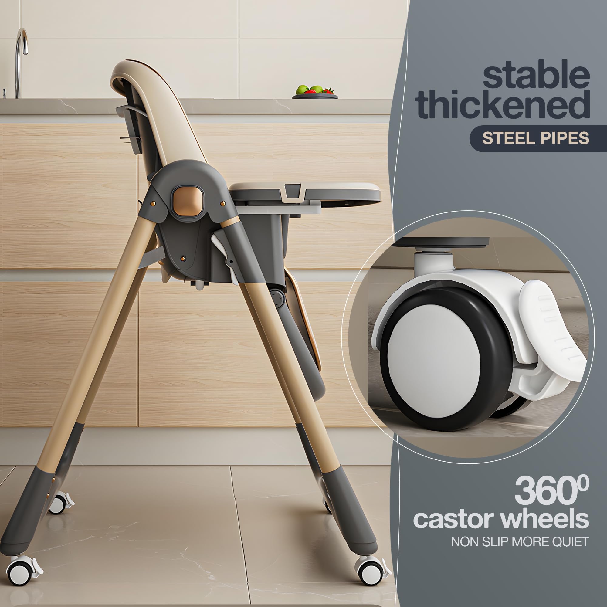 Baybee 3 in 1 Baby High Chair for Kids, Baby Feeding Chair with 8 Height Adjustable, Footrest, Tray, 160° Recline, 5 Point Safety Belt & Wheels | Kids High Chair for Baby 0 Months to 6 Years (Brown) - Image 7 thumbnail