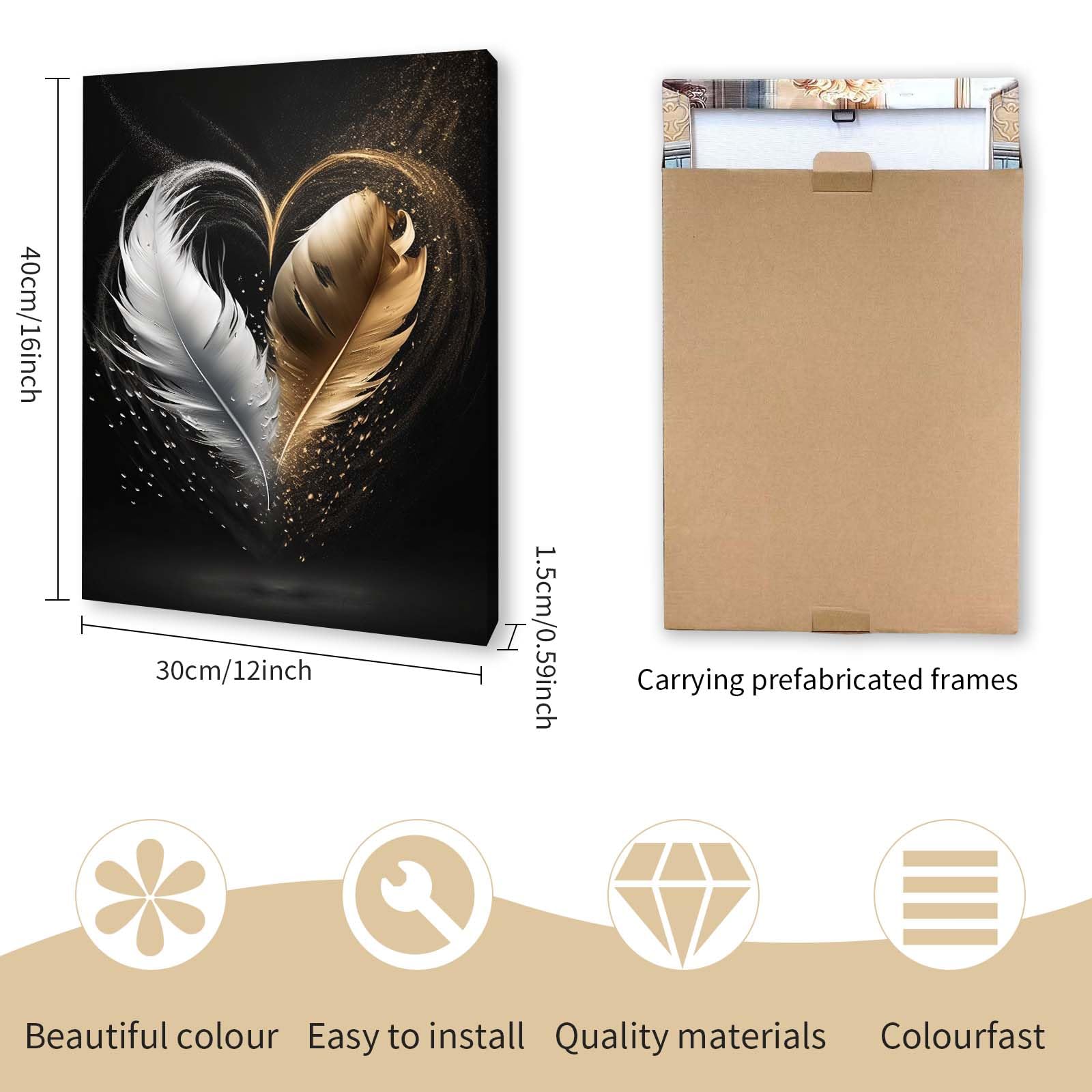 Qiukoo Framed Canvas Wall Art, Gold and Black Feather Heart Artwork, Waterproof Modern Print with Hook - Image 2