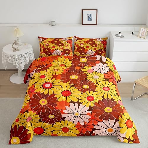 Feelyou Juego de edredón retro de flores hippie tamaño King para niños de los años 60 y 70 años, edredón Groovy para adolescentes, vintage, bohemio,