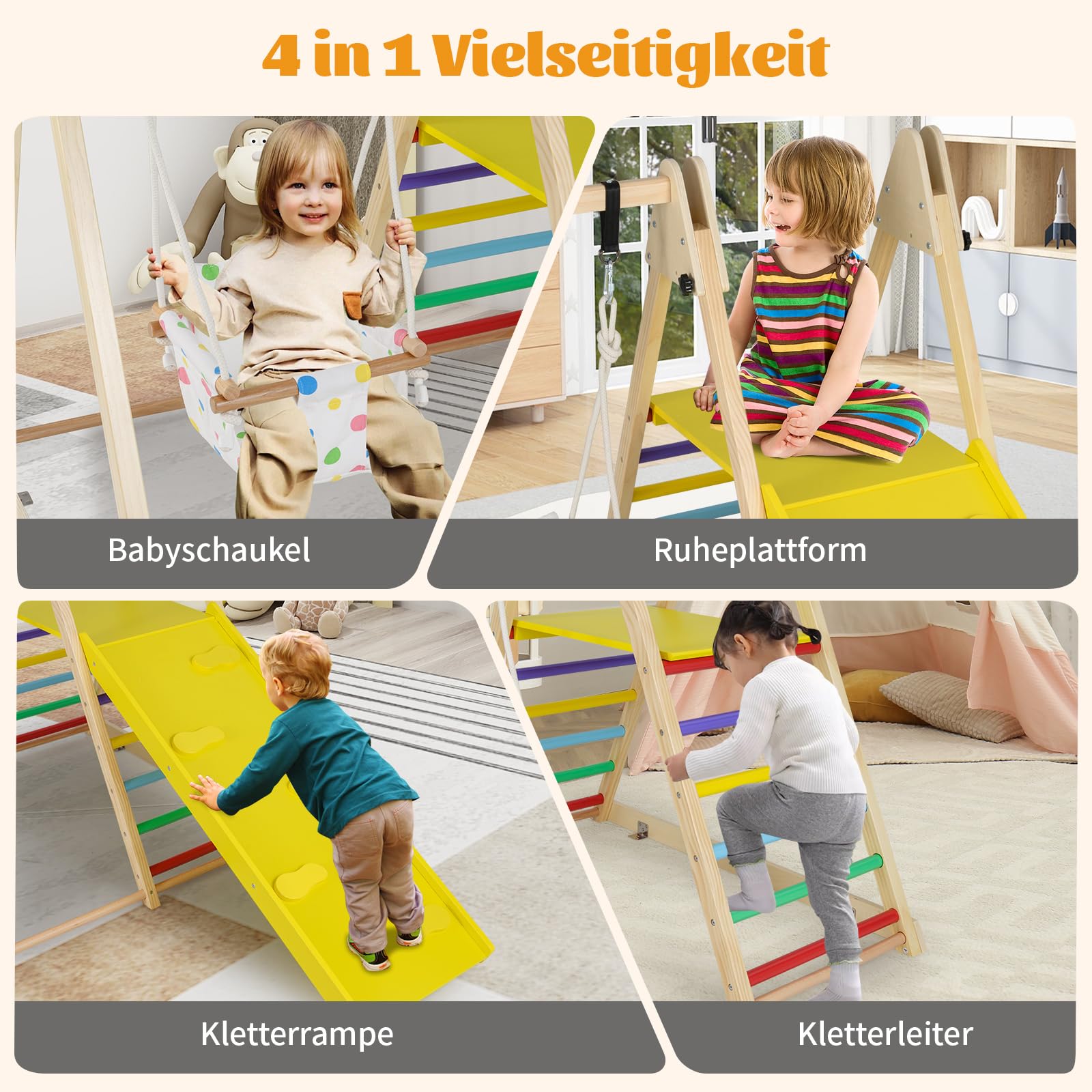 COSTWAY Klettergerüst Indoor, 4 in 1 Schaukel & Ruheplattform & Kletterrampe & Leiter, Kletterset zum Klettern & Rutschen, Kinder Spielplatz Holz, für Kinder ab 1 Jahr (Bunt)