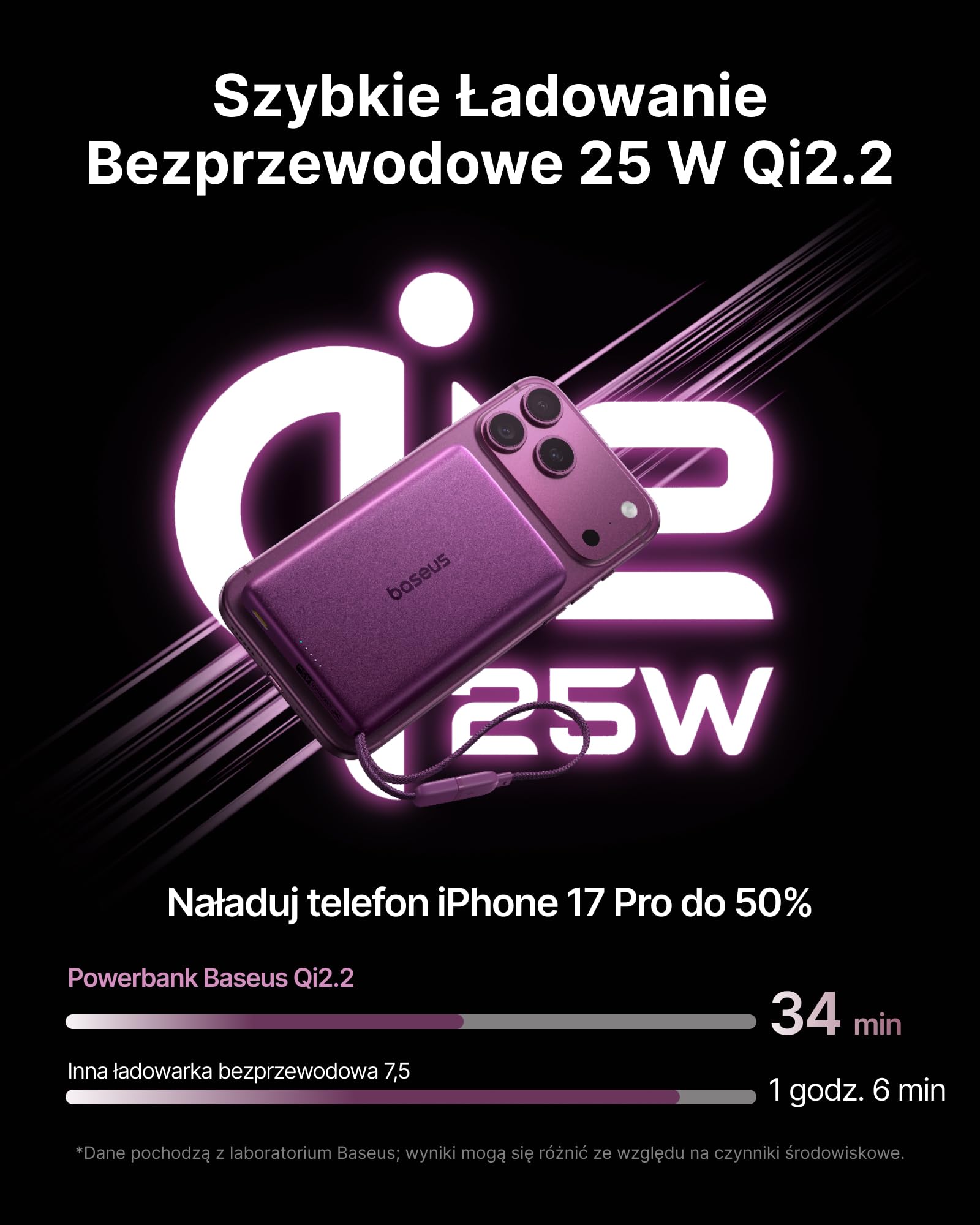 Baseus Picogo AM52 Power Bank, Qi2.2 Magsafe Powerbank 10 000 mAh, bezprzewodowy 25 W, szybkie ładowanie PD 45 W, wbudowany kabel USB C, magnetyczna bateria zewnętrzna do iPhone 18/17/16/15/14/13