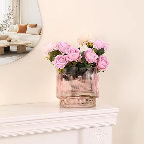 Miniatura 7 de Jarrón de vidrio acanalado, jarrón de vidrio rosa, florero de vidrio estriado, florero acanalado, jarrón rosa, jarrón moderno para sala de estar,