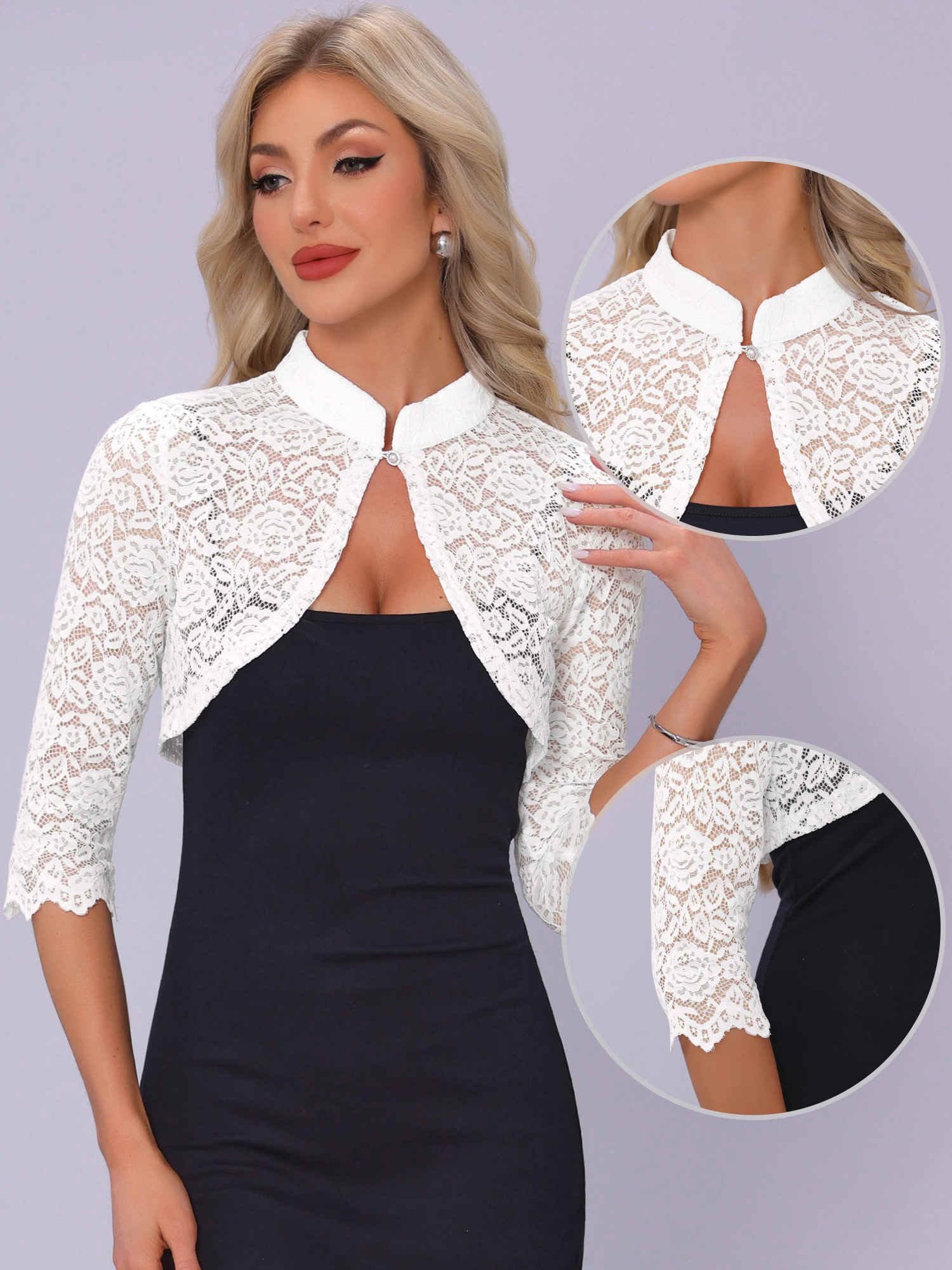 Allegra K Boléro élégant en dentelle pour femme à manches 3/4 et col montant en dentelle florale transparente