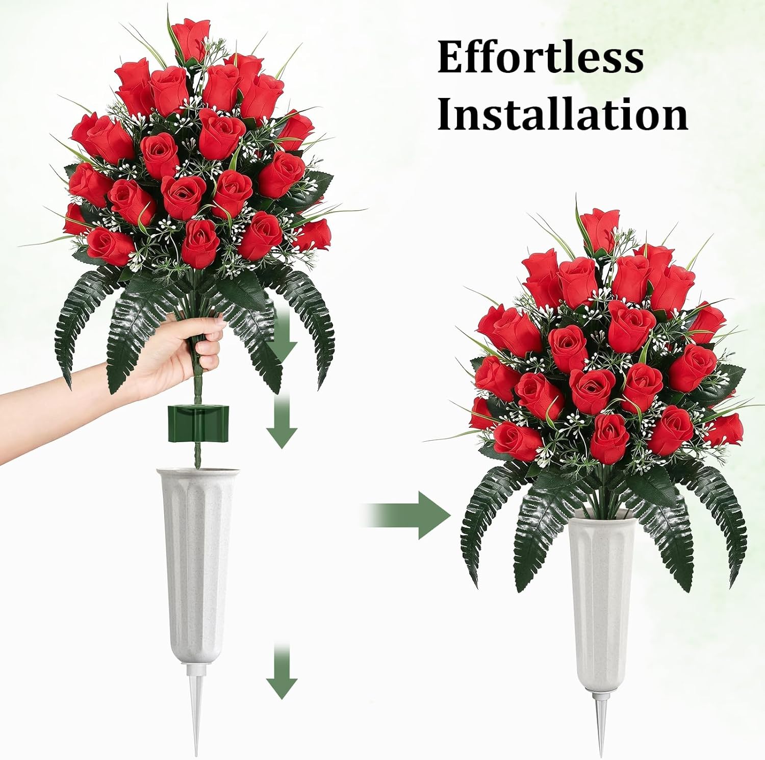 Lewondr Artificial Cemetery Flowers with Vase, 2 Sets Outdoor Grave Decorations UV Resistant Silk Rose Bouquet Graveyard Memorial Day Flowers for Cemetery Headstones Decoration, Red