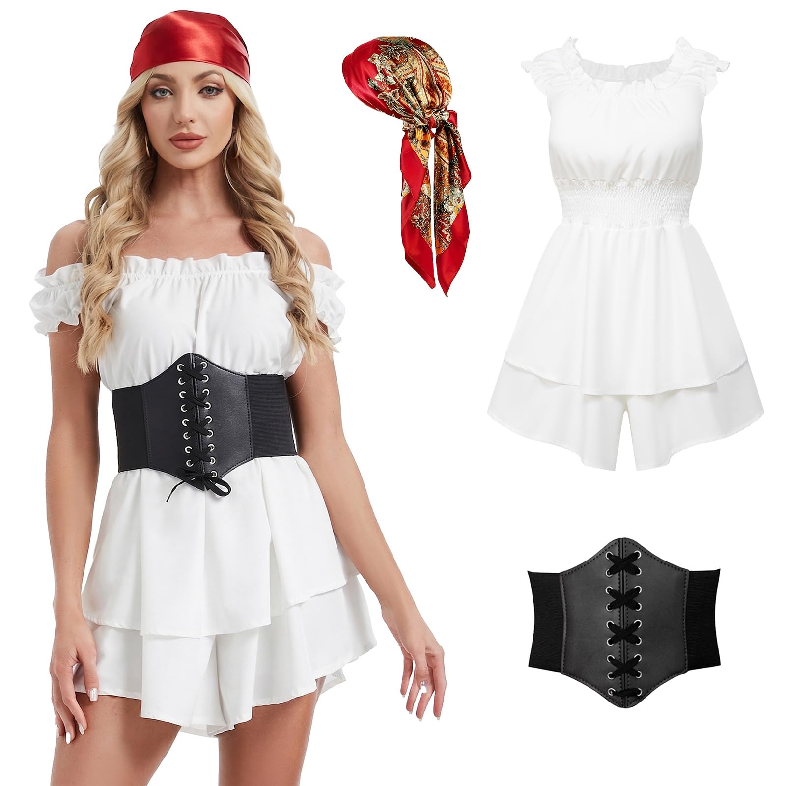 LYBOHO Pirate Costume Women,Women's Skort-Romper Jumpsuits with Corset Belt,Headband for Halloween Pirates Party (White, XL)