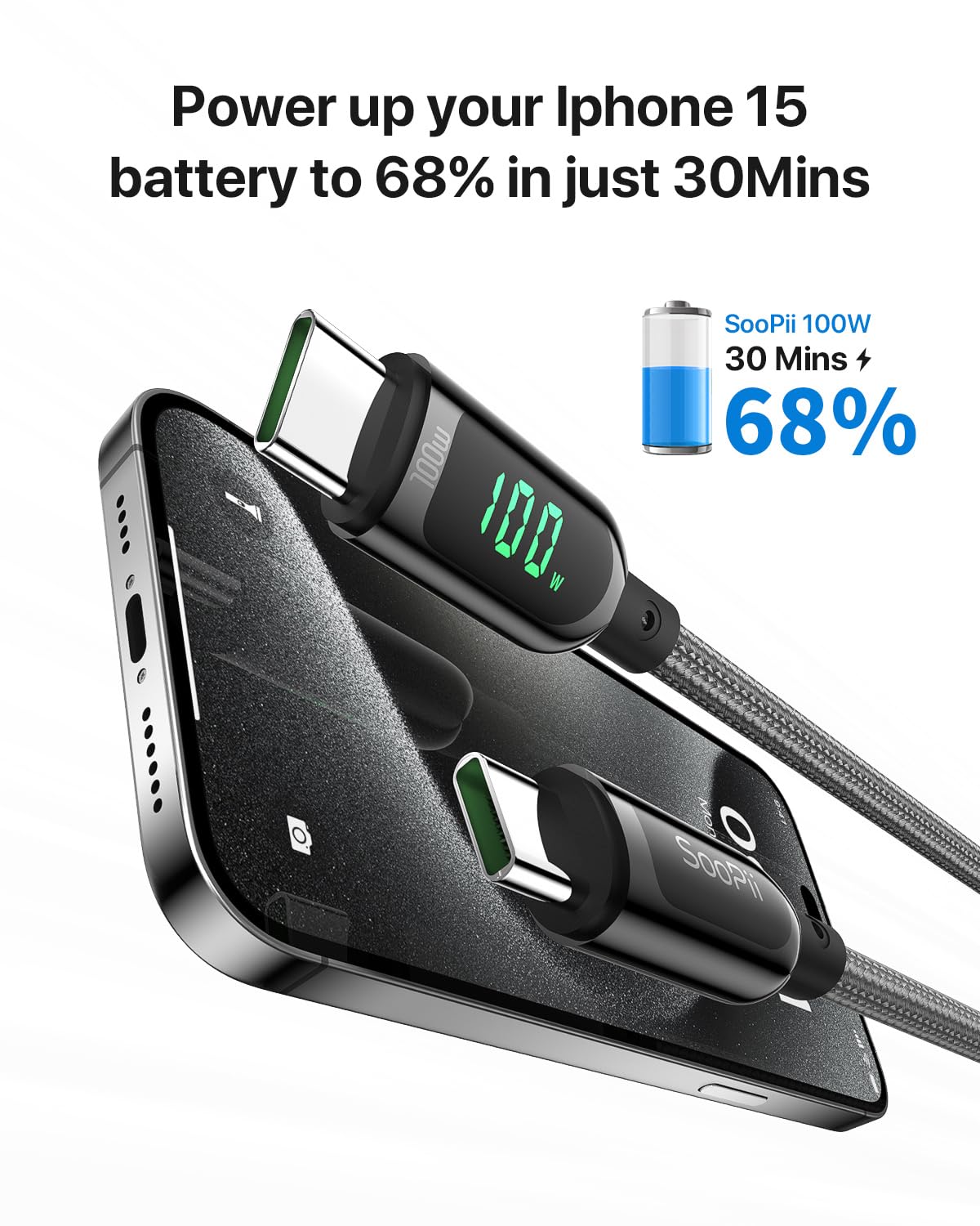SOOPII Cavo USB C a USB-C da 100W, cavo di ricarica rapida da 1,2 m, con indicatore LED, cavo di ricarica PD 5A Tipo C per lPhone 15/Pro Max, lPad Air, MacBook,Galaxy S23/S22, Pixel, LG(Grigio)