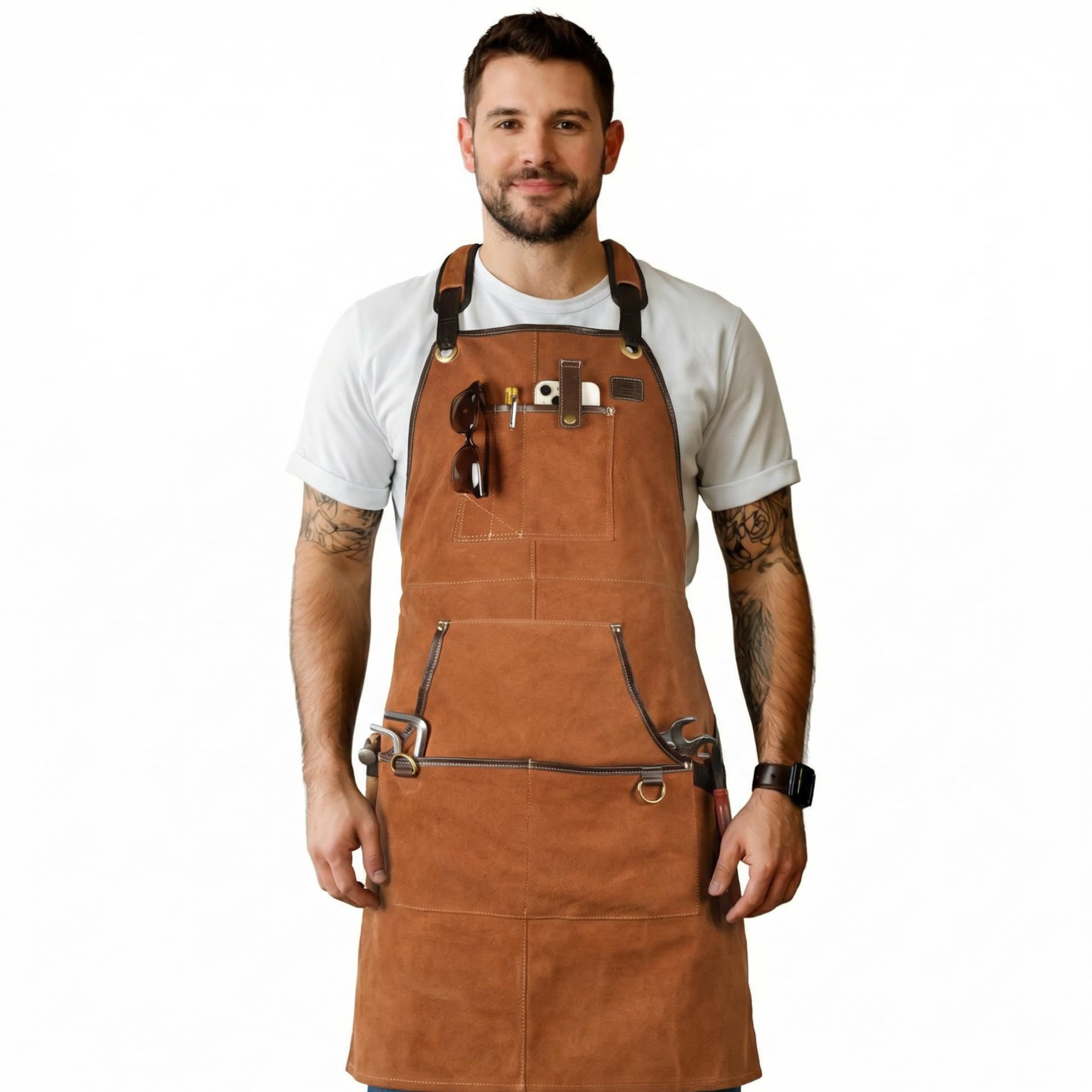 Leather Village Unisex Tan Work Apron -Brown- Heavy Duty Wood Working Apron For Men With Tool Pockets For Woodworkers Blacksmiths Carpenters M-Xxl
