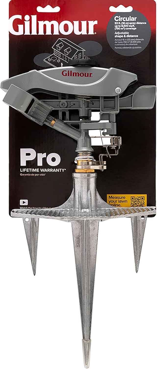 Gilmour Pro Heavy Duty Circular Water Sprinkler with Spike Base, Rotating Sprinkler Head with Adjustable Spray Pattern, Lawn Sprinkler for Large Area Coverage, Silver