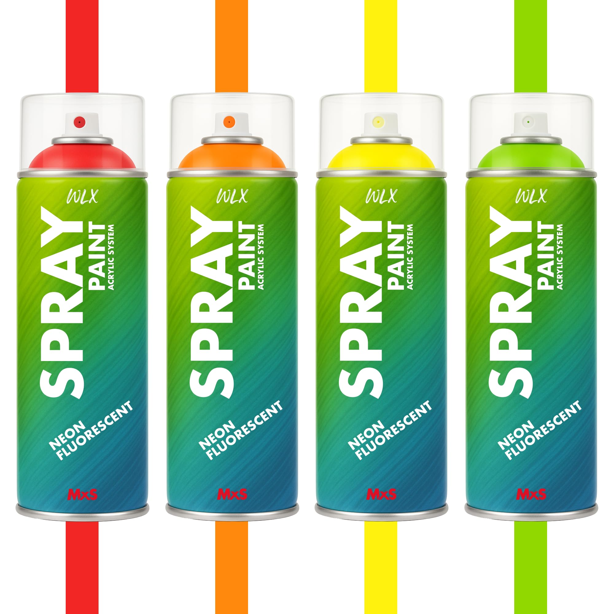 WLX Zestaw farb neonowych w sprayu, 4 kolory po 400 ml, wysoce widoczne, szybkoschnące farby fluorescencyjne do drewna, metalu, kamienia i szkła
