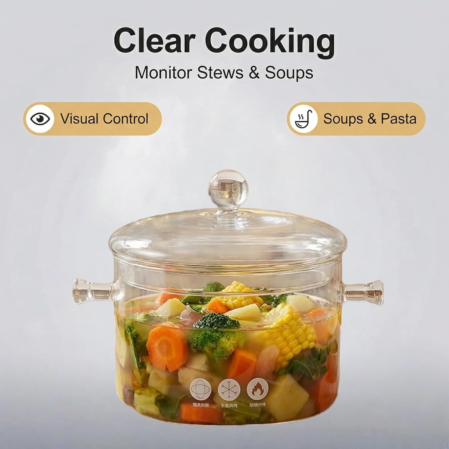 Saucepan & Simmer Pot 50 FL OZ Borosilicate Glass Pots for Cooking on Stove, Clear Cookware with Lid for Soup, Milk, Pasta & Potpourri