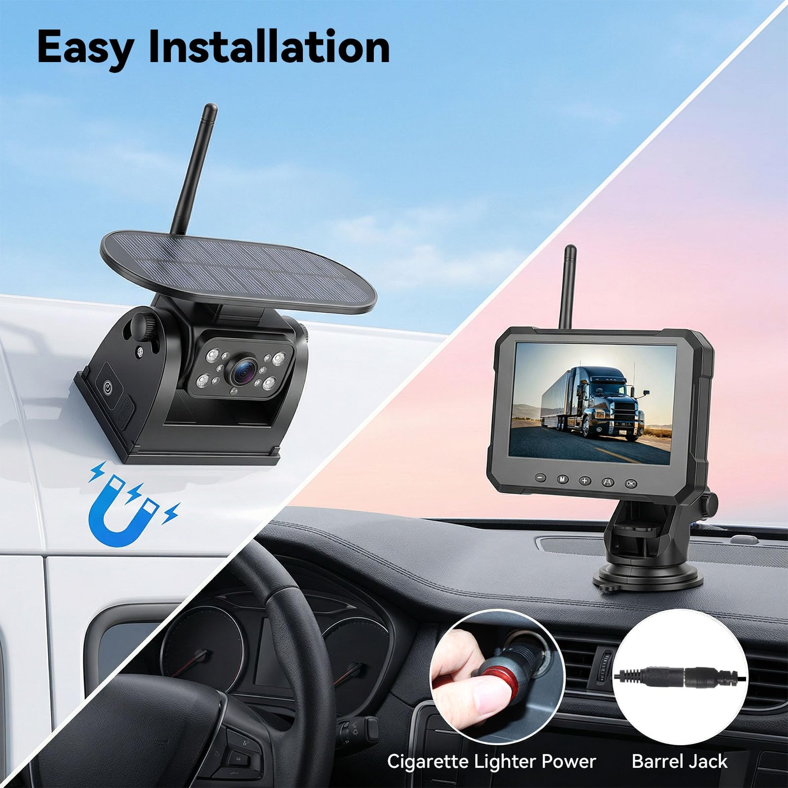 SIXTOP Caméra de Recul sans Fil Solaire – Écran HD IPS 5 Pouces – Montage par Aimant Puissant – IP69K étanche – Vision Nocturne à Infrarouges – pour Camping-Car, Caravane, Remorque, Camion