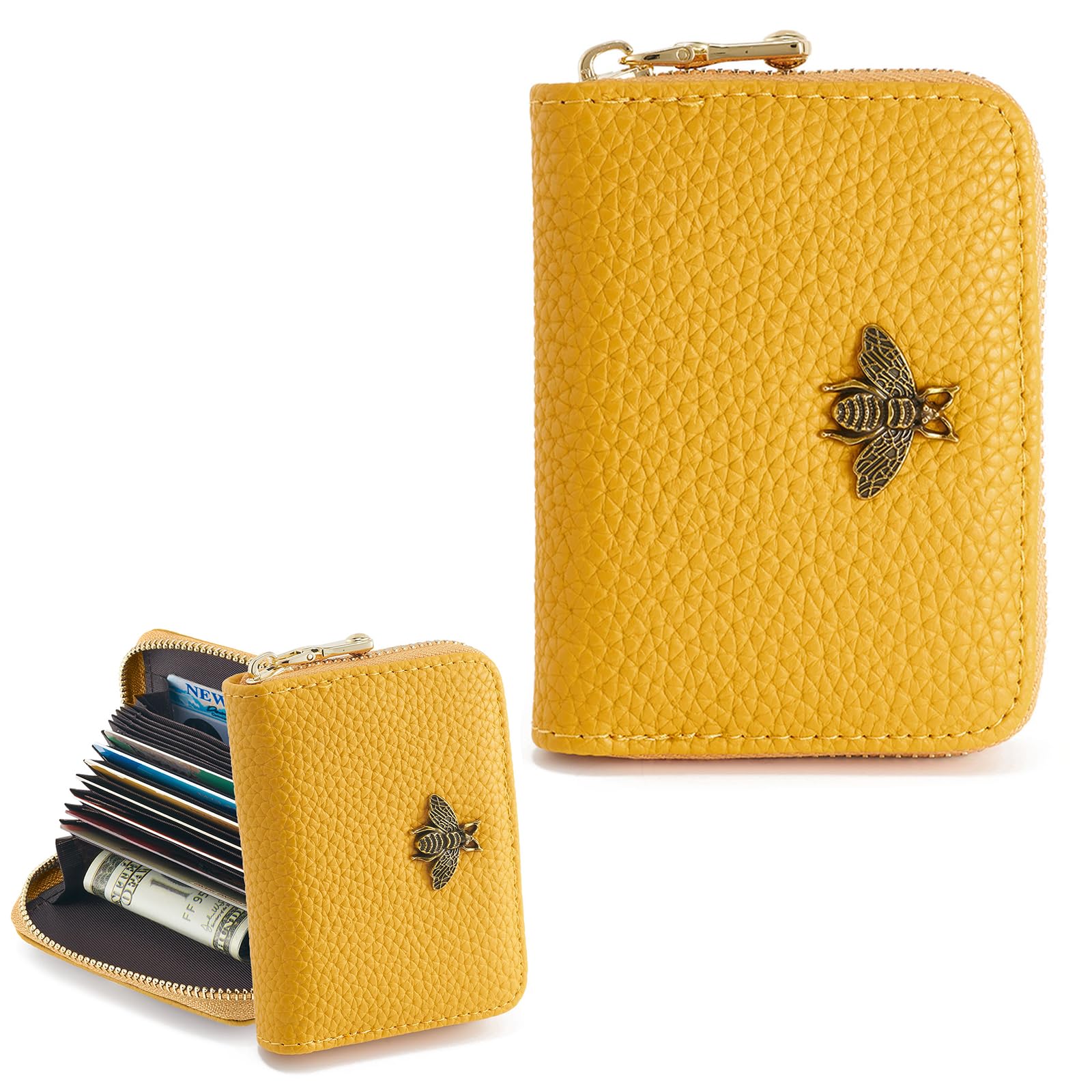 WOZEAH Small Women RFID Wallet Credit Card Holder, Accordion Wallet Leather Zipper Card Case（Yellow）