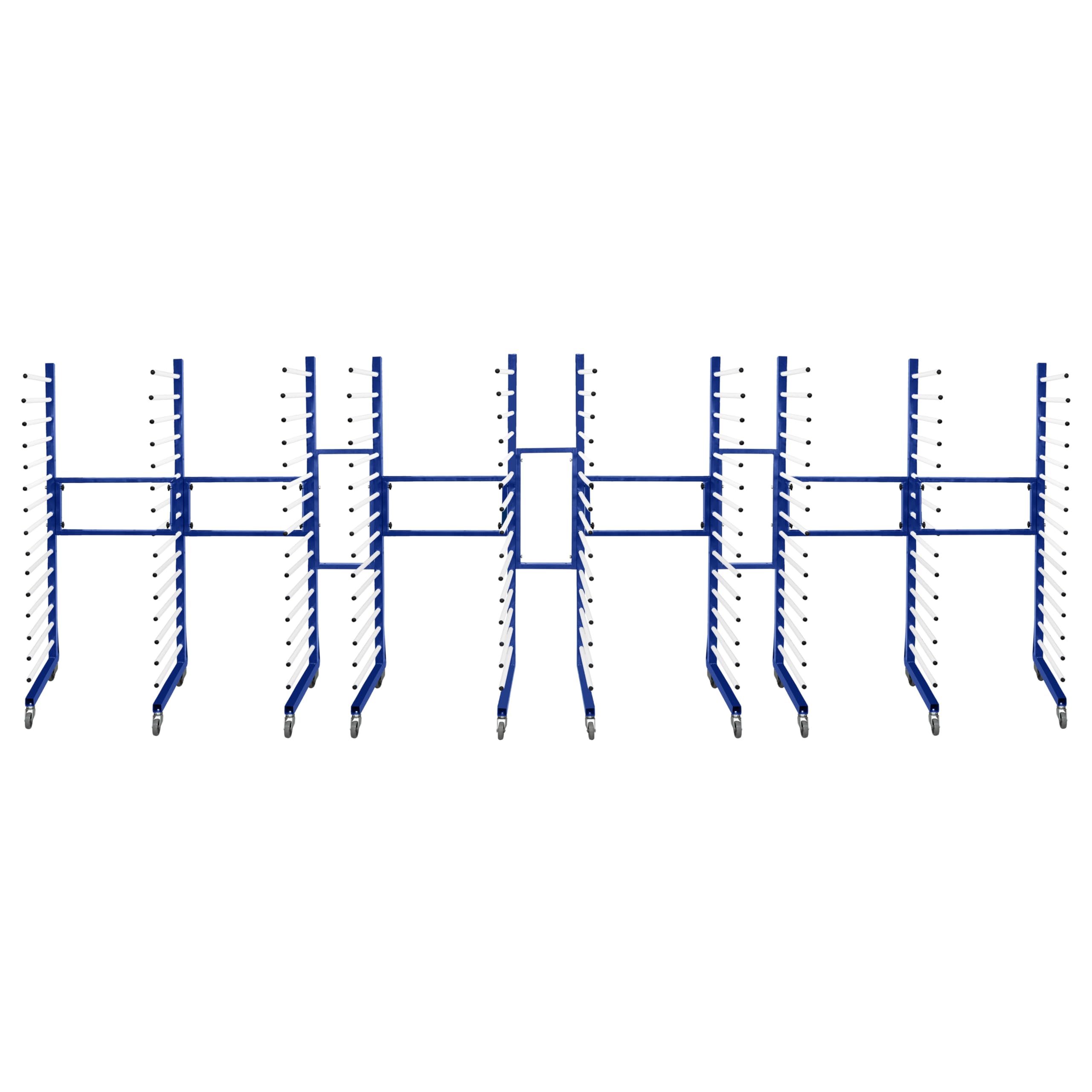 T-Mech Lot de 5 Chariots de Séchage Combinables à 15 Niveaux Acier Bleu Capacité de 375 kg Roulettes Largeur 35 cm - 65 cm Séchage de Peinture Placoplâtre Planches de Plâtre [4 x Connecteurs INCLUS]