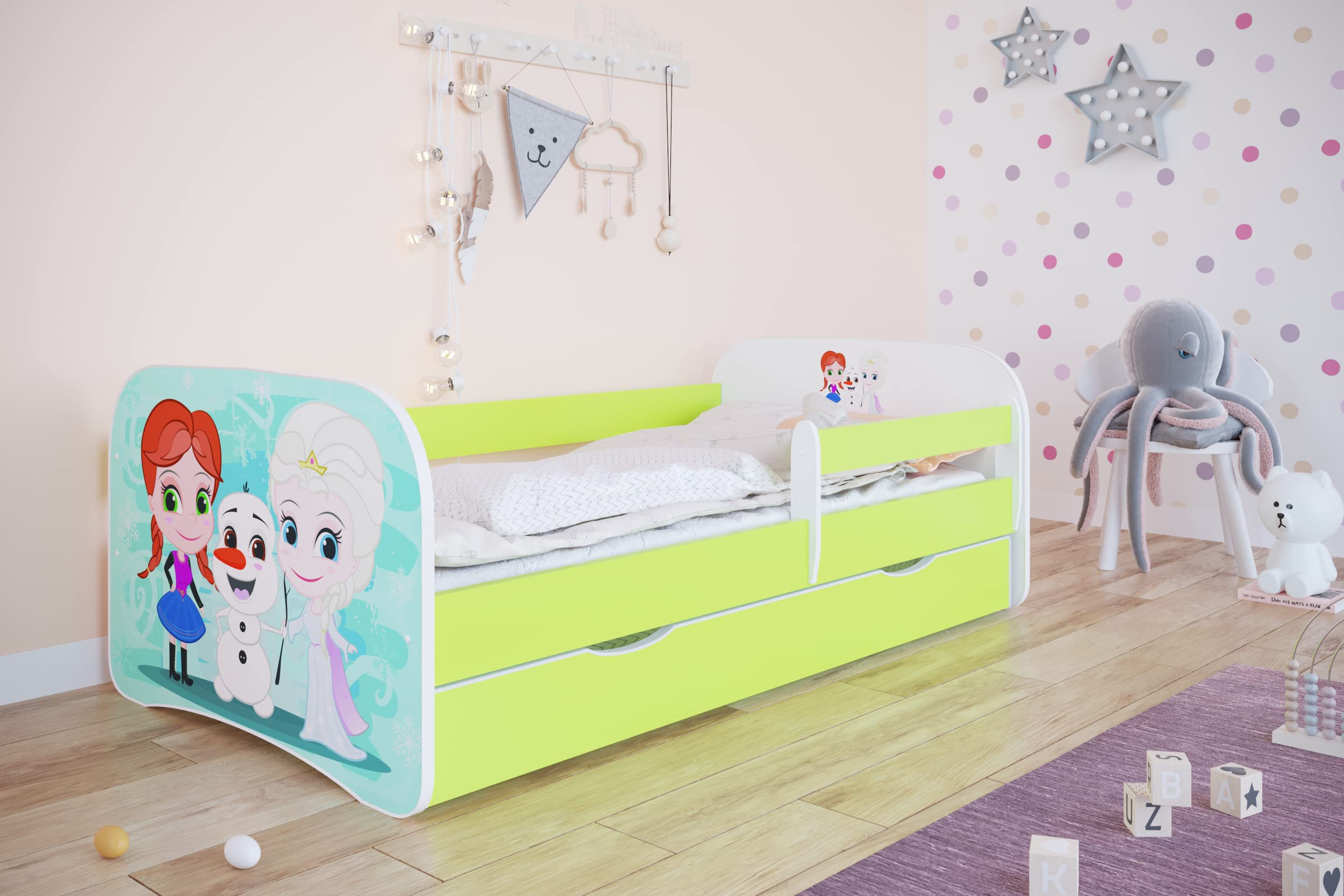Cama babydreams 2 Verde Frozen con cajón, colchón, Barrera de Seguridad incluida, Madera de ingeniería, Lit d’Enfant