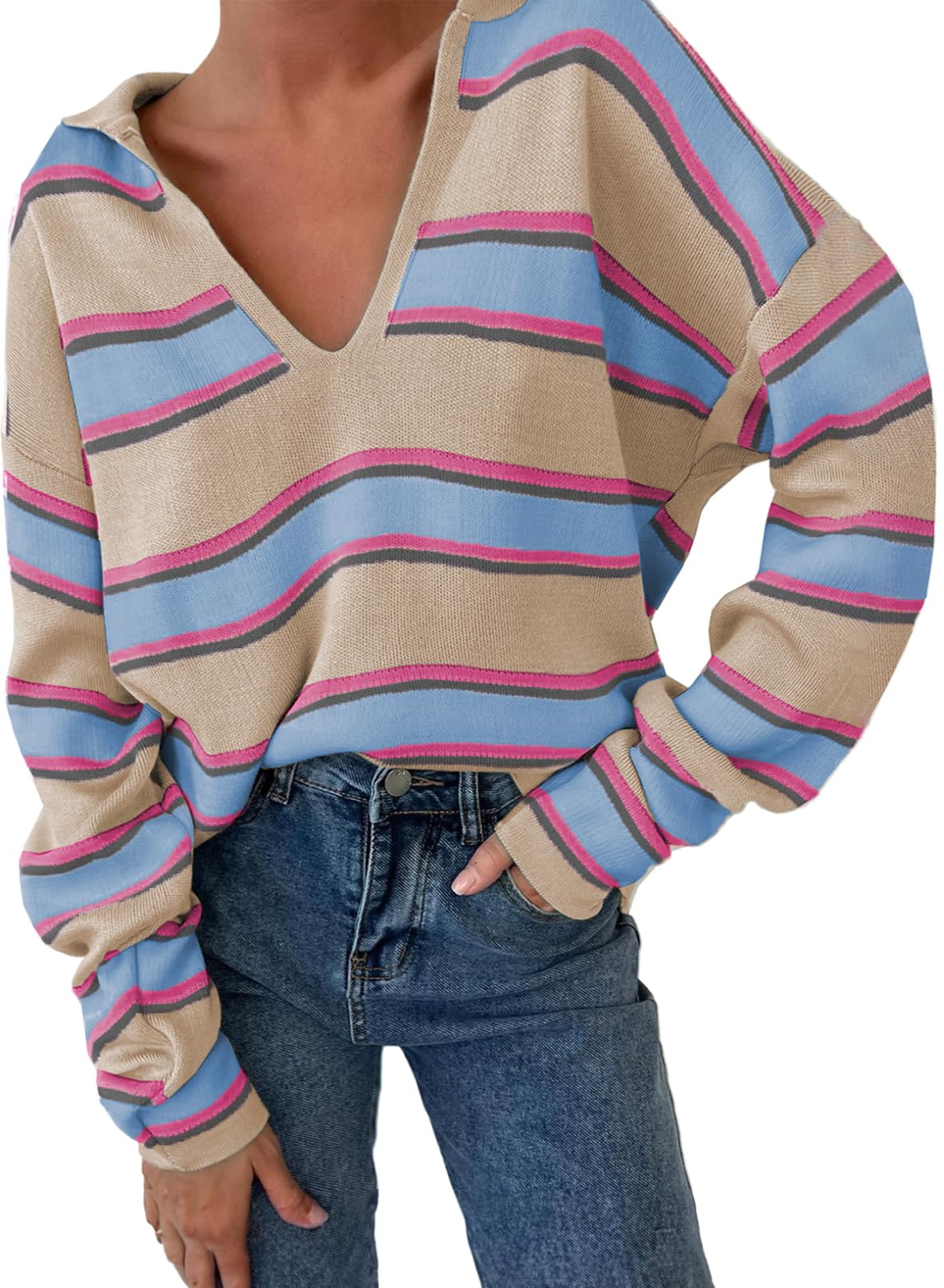 EVALESS Sweaters for Women Long Sleeve V Neck Striped Knit Drop Shoulder Fall Jumper 2025 Henley Pullover